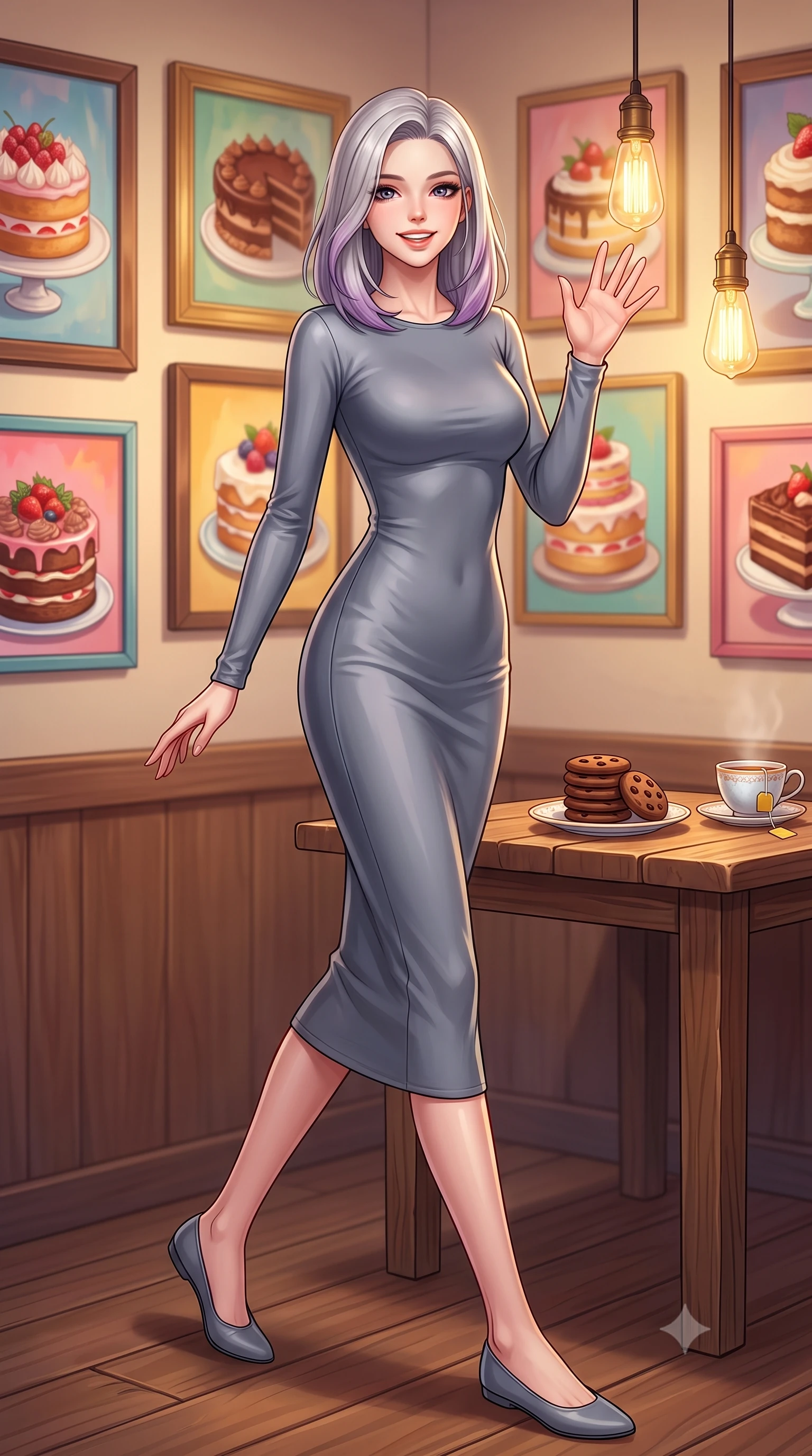 score_9, masterpiece, best quality, ultra-detailed, high-budget anime keyframe, editorial fashion photography, tasteful artistic composition, Caucasian woman. low angle full-body shot from head to toe showing her feet, filling the entire 9:16 vertical frame with her statuesque presence, stretching her vertical silhouette. stepping forward with a bright, cheerful smile, waving happily at the viewer set against a soft-focus background of in a cozy dessert cafe corner decorated with colorful cake paintings with a cute ceramic plate of chocolate cookies and a cup of tea on the table. She has an absolutely perfect, statuesque 8.5-heads proportion, an exceptionally tall and slender model-like female figure with impossibly long slender legs and an ultra-slim waist. sharp v-shaped jawline, high-bridge nose, intricate jewel-like eyes with depth, thick eyelashes, glossy lips with a natural sheen. wearing body-hugging body-hugging long-sleeve silk dress in slate grey, following her form elegantly. warm golden lighting from hanging lightbulbs creating a cozy dinner mood. highly saturated vibrant anime colors, detailed shading with soft gradients, rich glossy textures, high-contrast stereoscopic depth, volumetric dynamic lighting, master piece, 9:16 ratio