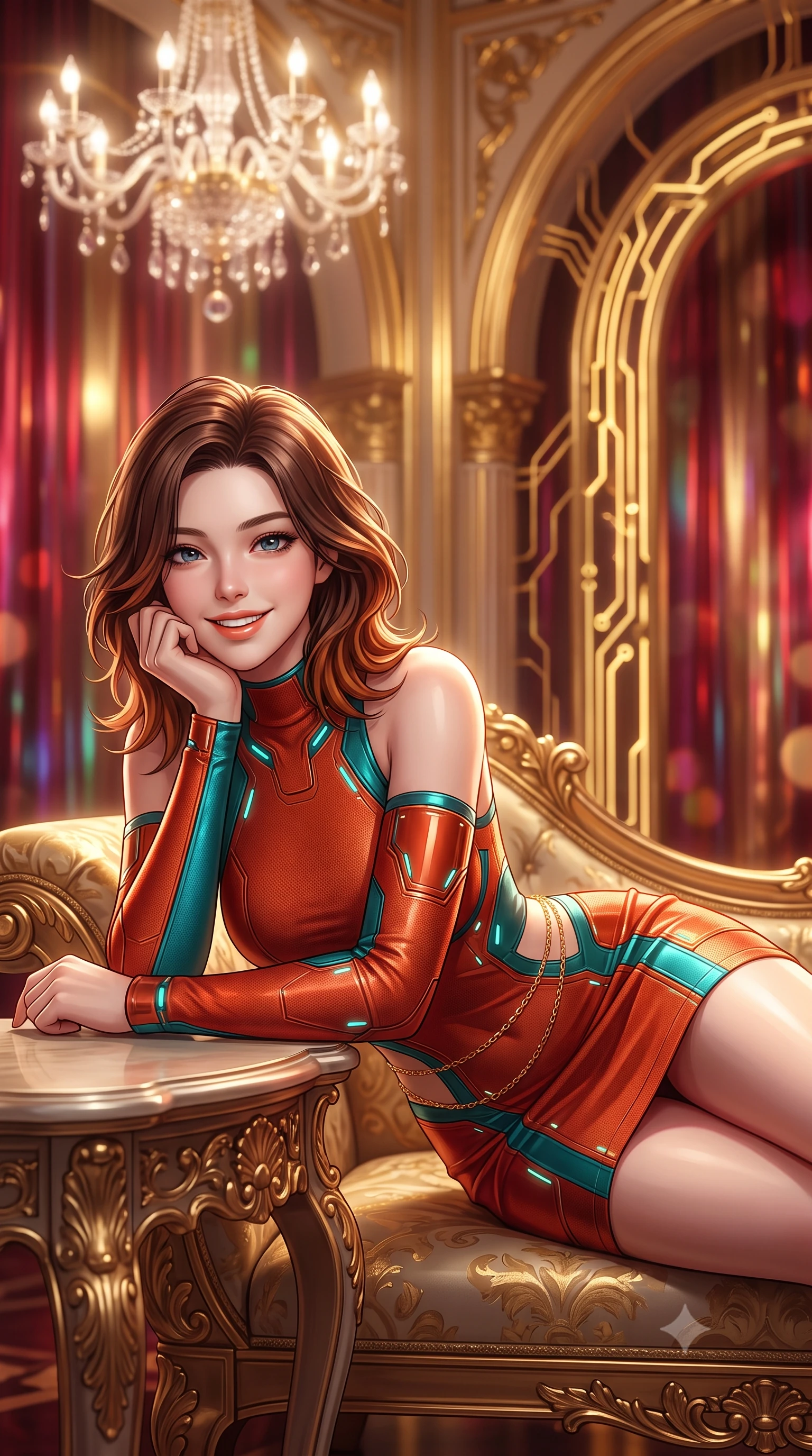 score_9, masterpiece, best quality, ultra-detailed, high-budget anime keyframe, semi-realistic 3D game render, editorial fashion photography, tasteful artistic composition, Korean woman. close-up cowboy shot from the waist and thighs up, the character dominates the composition, filling the frame with her large presence. resting one elbow on the table and supporting her chin, leaning close to the camera with heavy-lidded sparkling eyes and parted lips while lounging gracefully across the antique gilded chaise propped on one elbow with legs extended, displaying her long slender limbs and statuesque hourglass silhouette with regal anime flair. The background shows a soft-focus levitating crystal plasma chandelier, soaring gilded baroque arches interlaced with pulsing gold circuits, and holographic crimson curtains blurred into ruby, gold, and champagne bokeh. She has an exceptionally elegant, slender, and willowy female figure with an ultra-slim waist, flat toned midriff, narrow ribcage, and sculpted feminine hips creating an alluring, slim hourglass silhouette without bulk. sharp v-shaped jawline, high-bridge nose, intricate jewel-like sparkling eyes with depth, thick eyelashes, glossy parted lips with a natural peach sheen, bright cheerful beaming smile with an enchanting and coquettish sensual glint, exuding both youthful cute charm and seductive allure, flawlessly proportioned anatomical accuracy, strict slender model proportions, natural body alignment, perfectly sculpted long slender limbs, ultra-slim waistline, clean dynamic posture without body distortion. wearing a dense bandage knit cyber-cocktail dress with mock neck hugging her delicate ribcage and hips like a second skin in cyber-shinto vermilion and electric teal, tailored from high-gloss patent leather with mirror-like specular highlights, accented with a dainty gold belly chain resting across her flat midriff and curving hips, the second-skin tailored fabric adhering flawlessly to her sculpted flat midriff and slender torso, emphasizing her long leg lines and perfectly proportioned willowy build. bathed in warm 2600K golden spotlight radiance combined with ruby and amber holographic curtain glow. highly saturated vibrant anime colors, detailed shading with soft gradients, rich glossy textures, high-contrast stereoscopic depth, volumetric dynamic lighting, master piece, 9:16 ratio