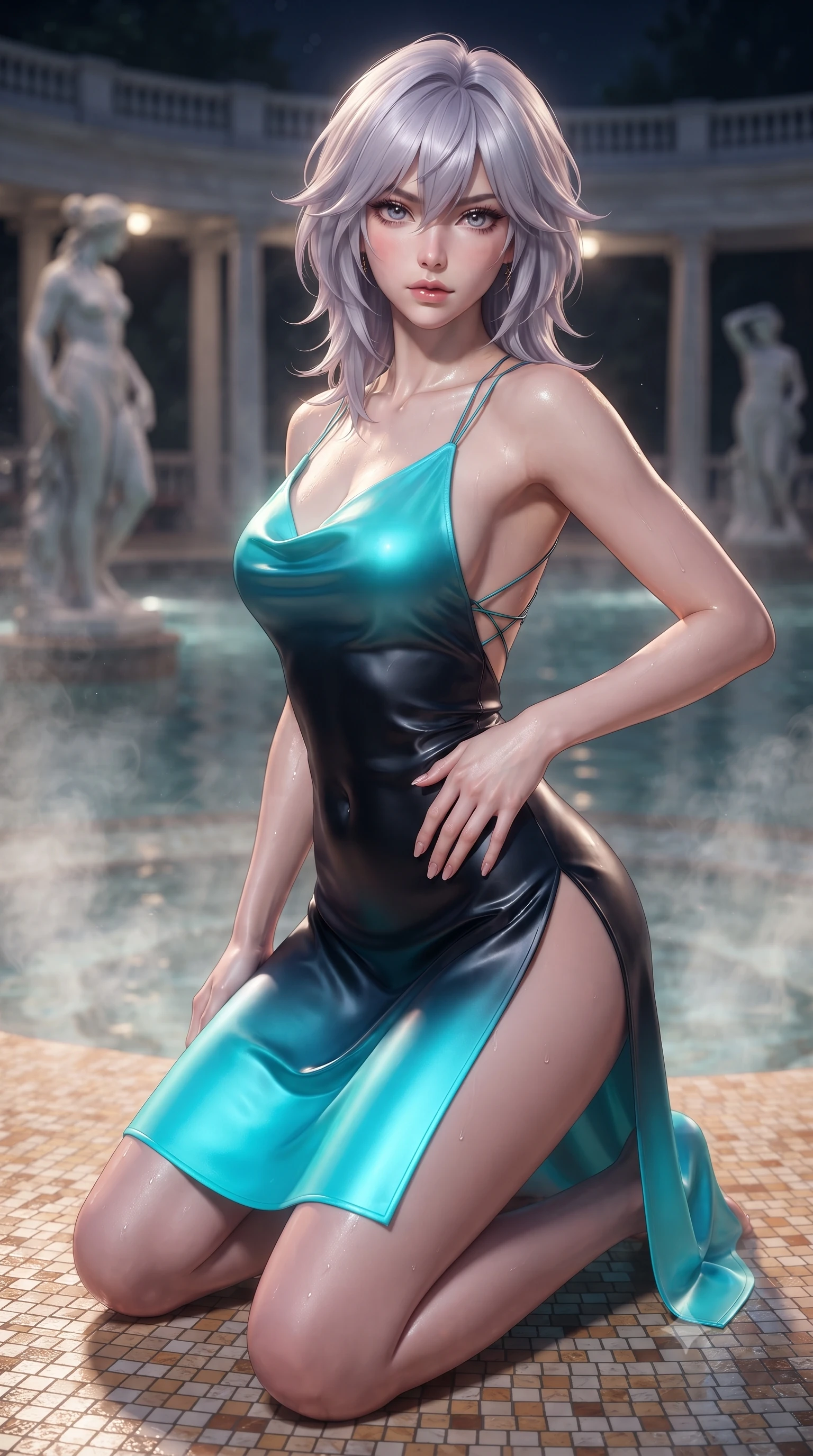 score_9, masterpiece, best quality, ultra-detailed, high-budget anime keyframe, editorial fashion photography, tasteful artistic composition, Japanese woman. close-up cowboy shot from the waist and thighs up, the character dominates the composition, filling the frame with her large presence. resting one manicured hand delicately on her hip bone, her upper body turning in a fluid, seductive S-curve while parted lips glisten in the light while kneeling gracefully on the warm mosaic tile deck with one hand on her hip, thermal steam rising to frame her feminine silhouette. The composition keeps background elements in soft focus with creamy bokeh. classical marble pool statues and colonnades softened in dreamy nocturnal shallow focus. She has an exceptionally elegant, slender, and willowy female figure with an ultra-slim waist, flat toned midriff, narrow ribcage, and sculpted feminine hips creating an alluring, slim hourglass silhouette without bulk. sharp v-shaped jawline, high-bridge nose, intricate jewel-like eyes with depth, thick eyelashes, glossy parted lips with a natural sheen, intensely captivating and seductive bedroom-eyes expression, flawlessly proportioned anatomical accuracy, strict slender model proportions, natural body alignment, perfectly sculpted long slender limbs, ultra-slim waistline, clean dynamic posture without body distortion. wearing a backless cowl-neck satin slip dress featuring high-cut side hip slits and delicate criss-cross back straps in neon electric cyan and lacquer black, tailored from ultra-smooth duchess satin with a pearlescent sheen, finished with criss-cross back satin straps highlighting her graceful shoulder blades, the form-contouring material adhering flawlessly to her sculpted flat midriff and slender torso, emphasizing her long leg lines and perfectly proportioned willowy build. illuminated by wet specular highlights accentuating her slender neckline, sculpted waist, and rounded hips. ultra-reflective glossy finish, specular highlights, rich textural contrasts, high-contrast stereoscopic depth, volumetric dynamic lighting, 2k, ultra detail, master piece, 9:16 ratio