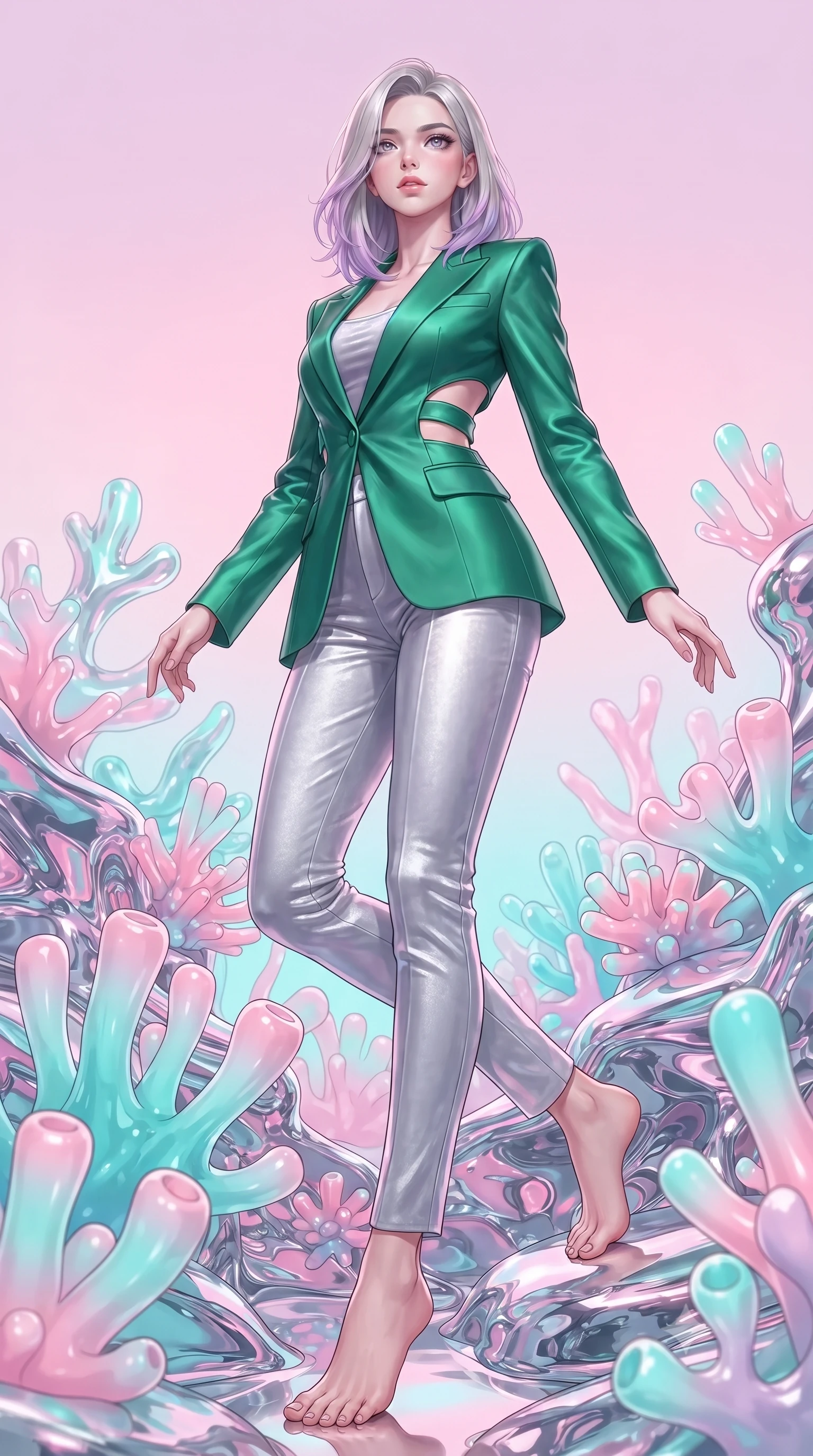 score_9, masterpiece, best quality, ultra-detailed, high-budget anime keyframe, editorial fashion photography, tasteful artistic composition, Caucasian woman. low angle full-body shot from head to toe showing her feet, filling the entire 9:16 vertical frame with her statuesque presence, stretching her vertical silhouette. forging dynamically through the scene, her vertical silhouette beautifully stretched poised on a reflective chrome reef filled with living liquid mercury corals, pastel pink and turquoise gradients creating a nostalgic 80s aesthetic. She has an absolutely perfect, statuesque 8.5-heads proportion, an exceptionally tall and slender model-like female figure with impossibly long slender legs and an ultra-slim waist. sharp v-shaped jawline, high-bridge nose, intricate jewel-like eyes with depth, thick eyelashes, glossy lips with a natural sheen. wearing a tailored silk blazer over a form-contouring top and fitted slacks in deep emerald green and silver accent, made of premium stretch velvet with a rich sheen, featuring clean architectural cutouts along her slender torso, the form-contouring material highlighting her ultra-slim waist and long lines. bathed in soft pastel pink and turquoise neon glow with glossy chrome reflections. highly saturated vibrant anime colors, detailed shading with soft gradients, rich glossy textures, high-contrast stereoscopic depth, volumetric dynamic lighting, master piece, 9:16 ratio