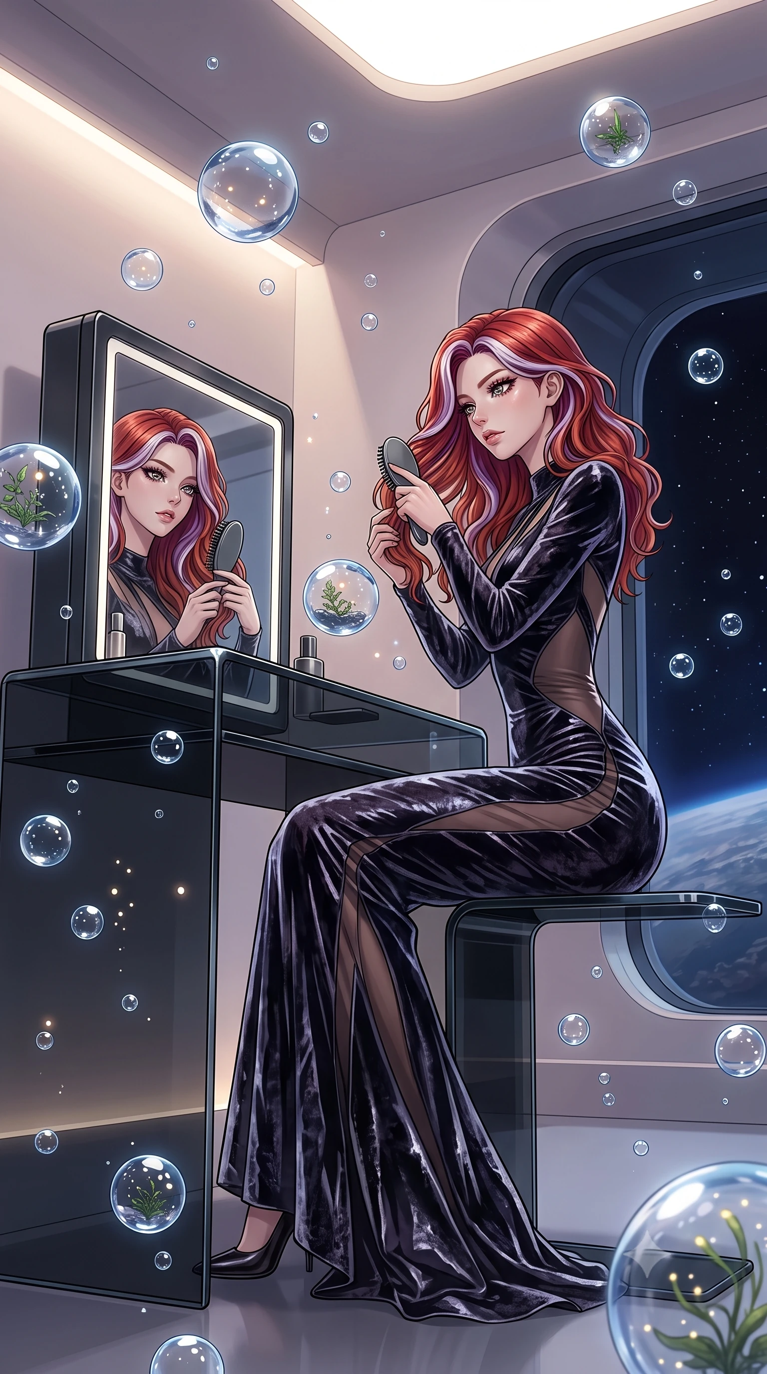 score_9, masterpiece, best quality, ultra-detailed, High-budget Anime Keyframe, Caucasian woman, strictly human ears. Low angle cowboy shot filling the entire 9:16 frame with her statuesque presence. Scenario 259: brushing her hair while seated before a vanity of black glass in a zero-gravity sanctuary filled with floating water spheres. Her presence is magnetic and overpowering in this high-budget anime scene. Outfit 259: a tailored crushed dark velvet long with a sheer panels and wet-look texture. The clothing is designed to emphasize her exceptionally tall and slender 8-heads proportion. 8-heads proportion, towering silhouette, ultra-slim waist. sharp v-shaped jawline, intricate jewel-like eyes with depth, thick eyelashes, glossy lips. 2k, ultra detail, master piece, 9:16 ratio