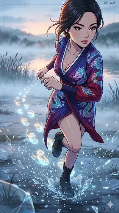 score_9, masterpiece, best quality, ultra-detailed, Set A: High-budget Anime Keyframe, Korean woman. Upper body close-up from the thighs up, character filling the screen for maximum presence. Sliding through a misty lakeside at dawn, as she leaves a 