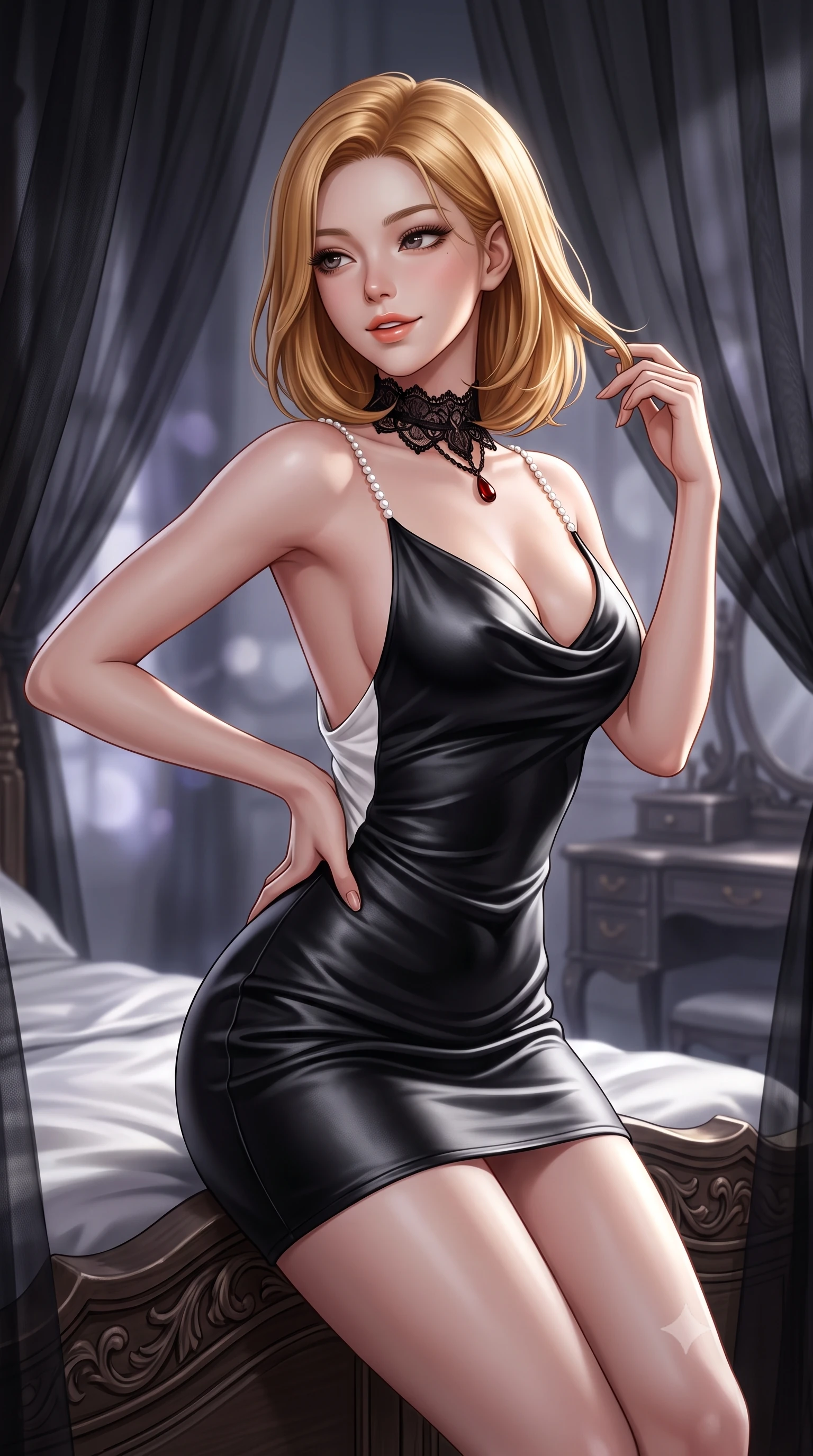 score_9, masterpiece, best quality, ultra-detailed, high-budget anime keyframe, semi-realistic 3D game render, editorial fashion photography, tasteful artistic composition, Korean woman. close-up cowboy shot from the waist and thighs up, the character dominates the composition, filling the frame with her large presence. twisting her slender torso in an alluring contrapposto stance, one hand resting on her sculpted hip while her fingers toy with her hair with effortless poise while sitting perched on the edge of the antique carved four-poster bed with hips cocked back, looking over her shoulder with an intoxicating smile. The background shows a soft-focus floating sheer black organza canopy curtains, antique gothic vanities, and moonlight blurred into charcoal, lavender, and silver bokeh. She has an exceptionally elegant, slender, and willowy female figure with an ultra-slim waist, flat toned midriff, narrow ribcage, and sculpted feminine hips creating an alluring, slim hourglass silhouette without bulk. sharp v-shaped jawline, high-bridge nose, sparkling eyes with hypnotic seductive depth, thick curled eyelashes, glossy parted lips with a natural dewy peach sheen, alluring bedroom-eyes with an enchanting coquettish smile, exuding magnetic siren charisma and sophisticated glamour, flawlessly proportioned anatomical accuracy, strict slender model proportions, natural body alignment, perfectly sculpted long slender limbs, ultra-slim waistline, clean dynamic posture without body distortion. wearing a low-cut draped cowl-back satin slip mini dress with dainty pearl spaghetti straps and hip-hugging silhouette in high-contrast minimalist monochrome black and pure alabaster white, woven from buttery-soft stretch lambskin leather adhering to her body like a second skin, accented with an ornate black lace Victorian choker featuring a single blood-red teardrop garnet, the form-contouring silhouette accentuating her sculpted flat midriff, narrow delicate ribcage, and gracefully curvy hips with intoxicating allure. illuminated by silk bedding reflection fill and sharp platinum-gold rim lights defining her collarbones, narrow waist, and curvy hips. highly saturated vibrant anime colors, detailed shading with soft gradients, rich glossy textures, high-contrast stereoscopic depth, volumetric dynamic lighting, master piece, 9:16 ratio