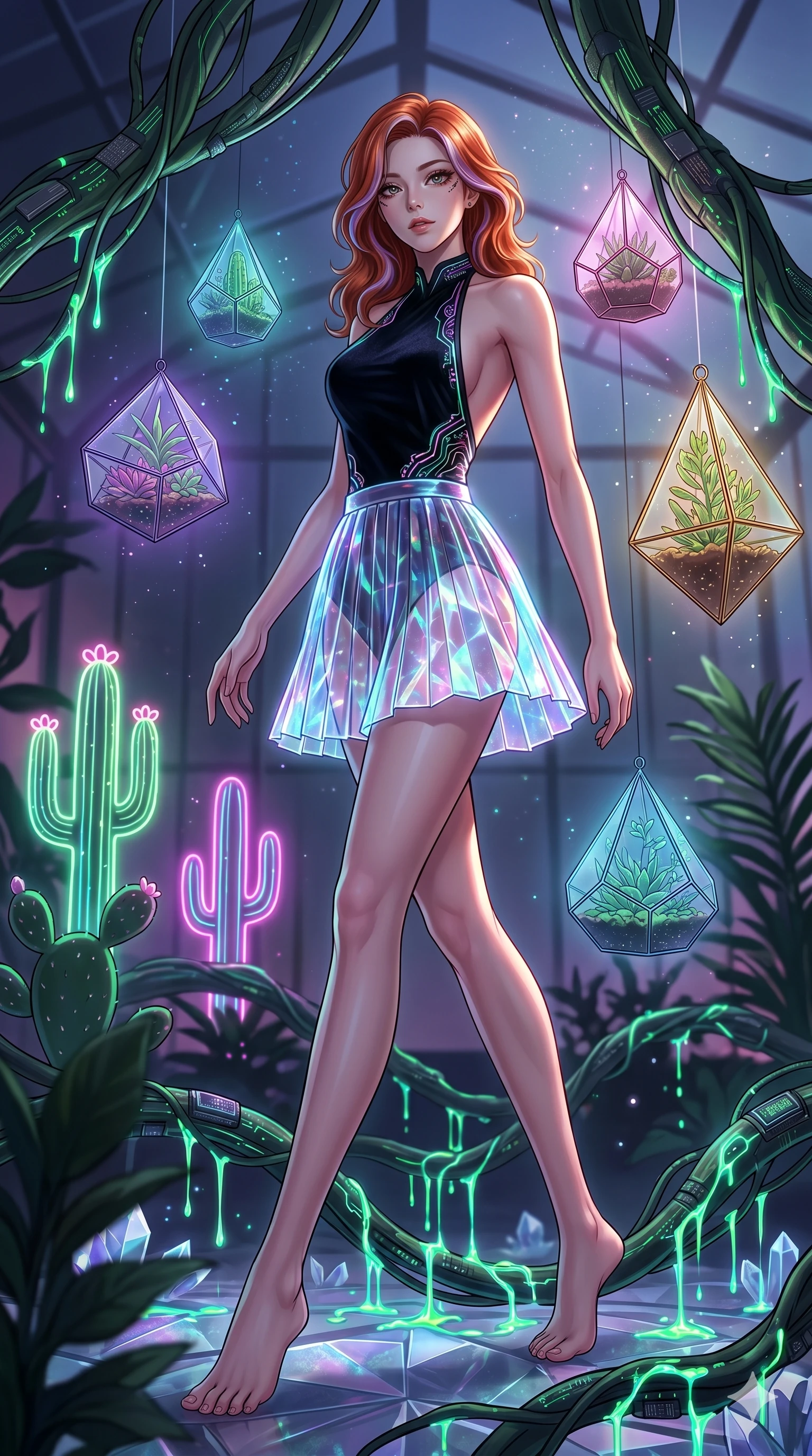 score_9, masterpiece, best quality, ultra-detailed, high-budget anime keyframe, Korean woman. low angle full-body shot filling the entire 9:16 frame with her statuesque presence, stretching the vertical silhouette. standing in a retro-futuristic synthwave greenhouse where glowing neon cacti and polyhedral glass terrariums float around her, while fluorescent cyber-sap drips from cybernetic vines. She has an absolutely perfect 8-heads proportion, an exceptionally tall and slender female figure with impossibly long slender legs and an ultra-slim waist. V-shaped jawline, high-bridge nose, intricate jewel-like eyes with depth, thick eyelashes, glossy lips with a natural sheen.. wearing a fractal glass pleated skirt and a backless black velvet halter neck top, creating a dramatic and elegant silhouette. illuminated by dramatic chiaroscuro casting soft shadows along her curves, with vibrant backlighting highlighting the dust particles. 2k, ultra detail, master piece, 9:16 ratio