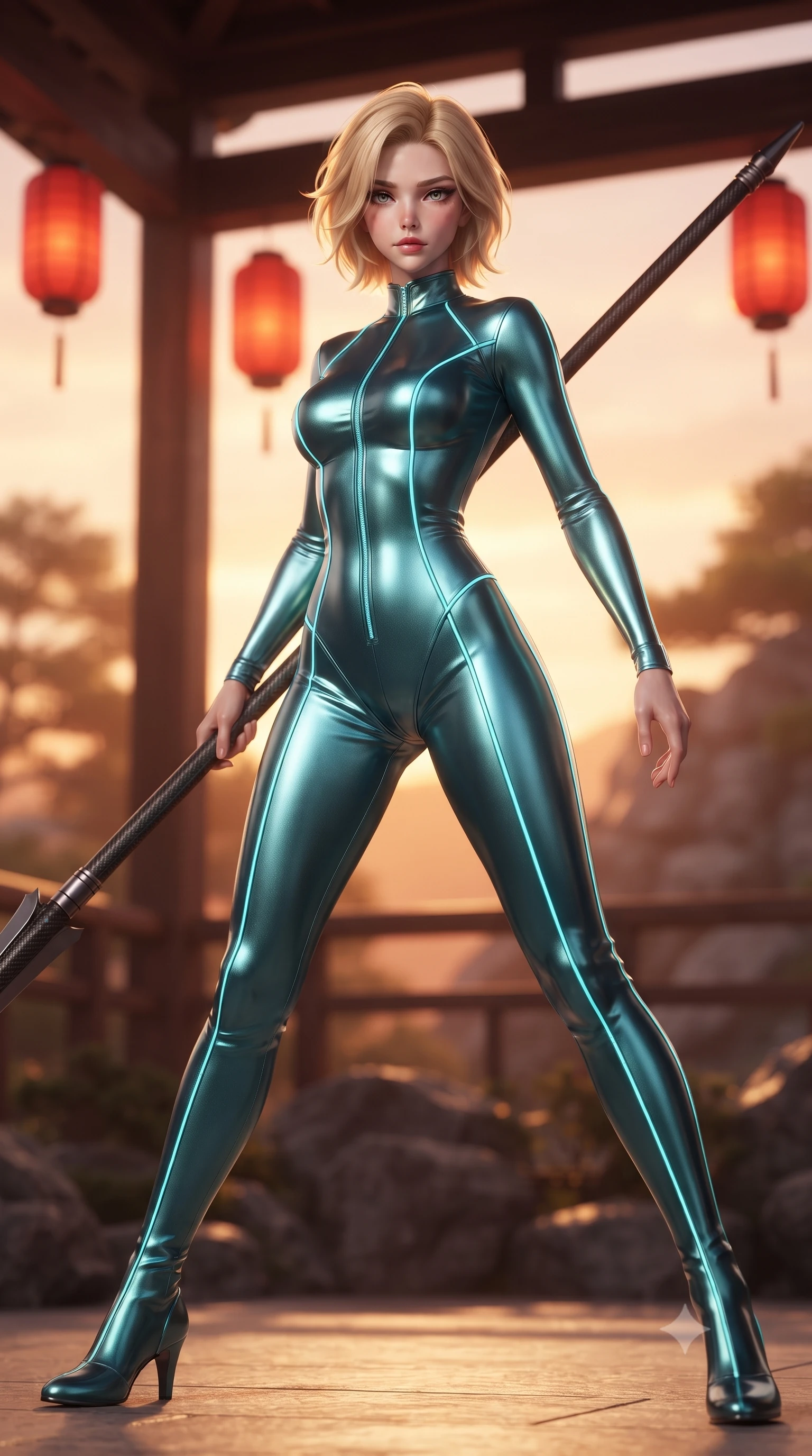 score_9, masterpiece, best quality, ultra-detailed, high-budget anime keyframe, editorial fashion photography, tasteful artistic composition, Caucasian woman. low angle full-body shot from head to toe showing her feet, filling the entire 9:16 vertical frame with her statuesque presence, stretching her vertical silhouette. standing in a dynamic combat stance with a carbon-fiber spear held diagonally, stretching her statuesque body, the background shows a soft-focus a rock garden balcony with red lanterns hanging from wooden beams in soft focus. She has an absolutely perfect, statuesque 8.5-heads proportion, an exceptionally tall and slender model-like female figure with impossibly long slender legs and an ultra-slim waist. sharp v-shaped jawline, high-bridge nose, intricate jewel-like eyes with depth, thick eyelashes, glossy lips with a natural sheen. wearing a tailored body-hugging metallic teal catsuit with thin cyan LED lighting trims along the seams. warm sunset light casting a peaceful, cozy orange wash on her figure. ultra-reflective glossy finish, specular highlights, metallic sheen, high-contrast stereoscopic depth, volumetric dynamic lighting, 2k, ultra detail, master piece, 9:16 ratio