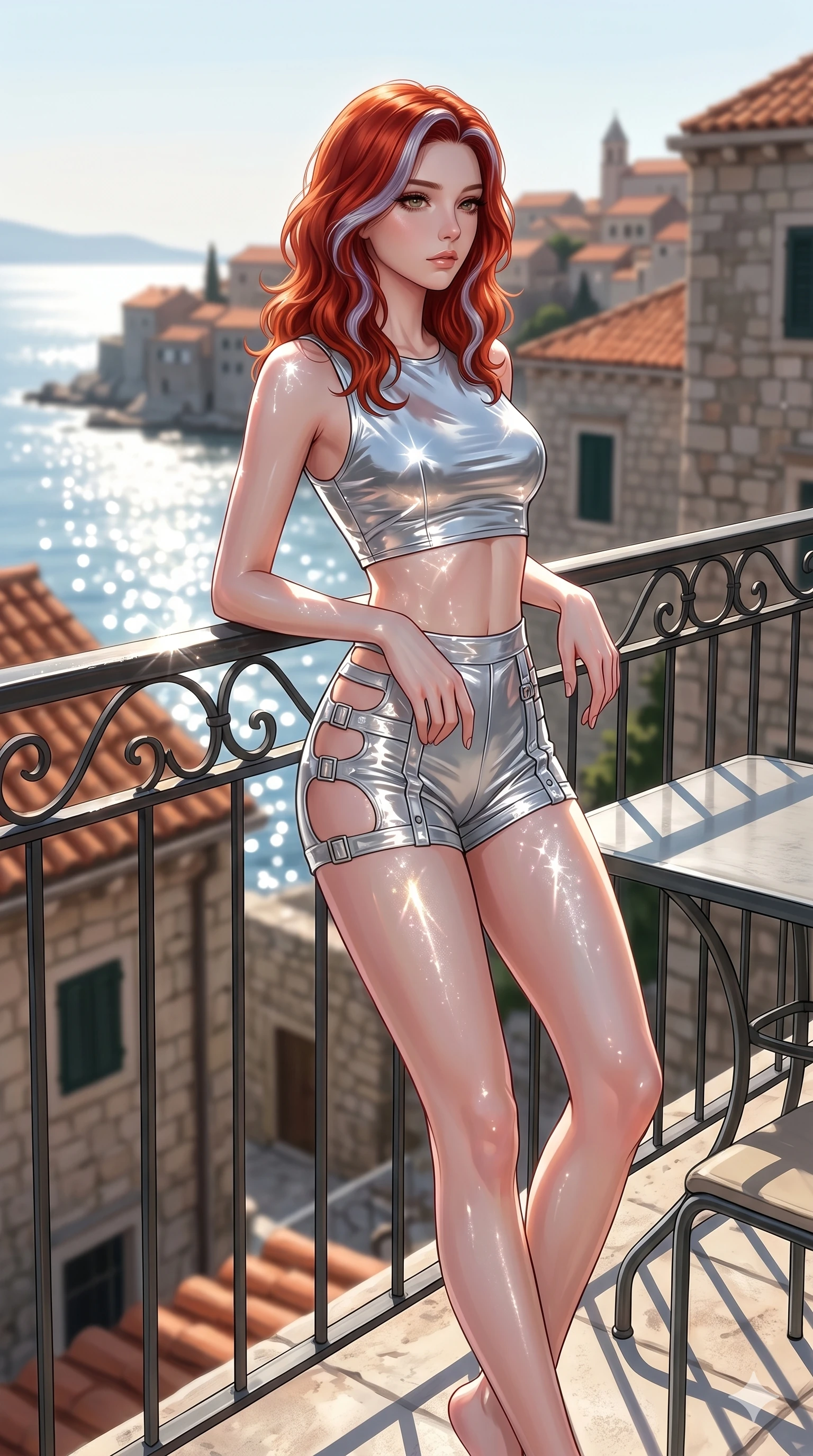 score_9, masterpiece, best quality, ultra-detailed, high-budget anime keyframe, editorial fashion photography, tasteful artistic composition, Caucasian woman, strictly human ears. cowboy shot from the thighs up, character and outfit filling the frame for maximum editorial presence. gazing past the camera with wistful, melancholic eyes, her posture relaxed and full of quiet elegance leaning against the railing of a sunlit private rooftop terrace overlooking a historic European town (Code-P015). She has an absolutely perfect 8-heads proportion, an exceptionally tall and slender female figure with impossibly long slender legs and an ultra-slim waist. V-shaped jawline, high-bridge nose, intricate jewel-like eyes with depth, thick eyelashes, glossy lips with a natural sheen. wearing a wet-look silver vinyl crop top and high-waisted shorts with side cutouts and straps. bathed in brilliant morning sunshine reflecting off the water, casting glittering light patterns across her skin. 2k, ultra detail, master piece, 9:16 ratio