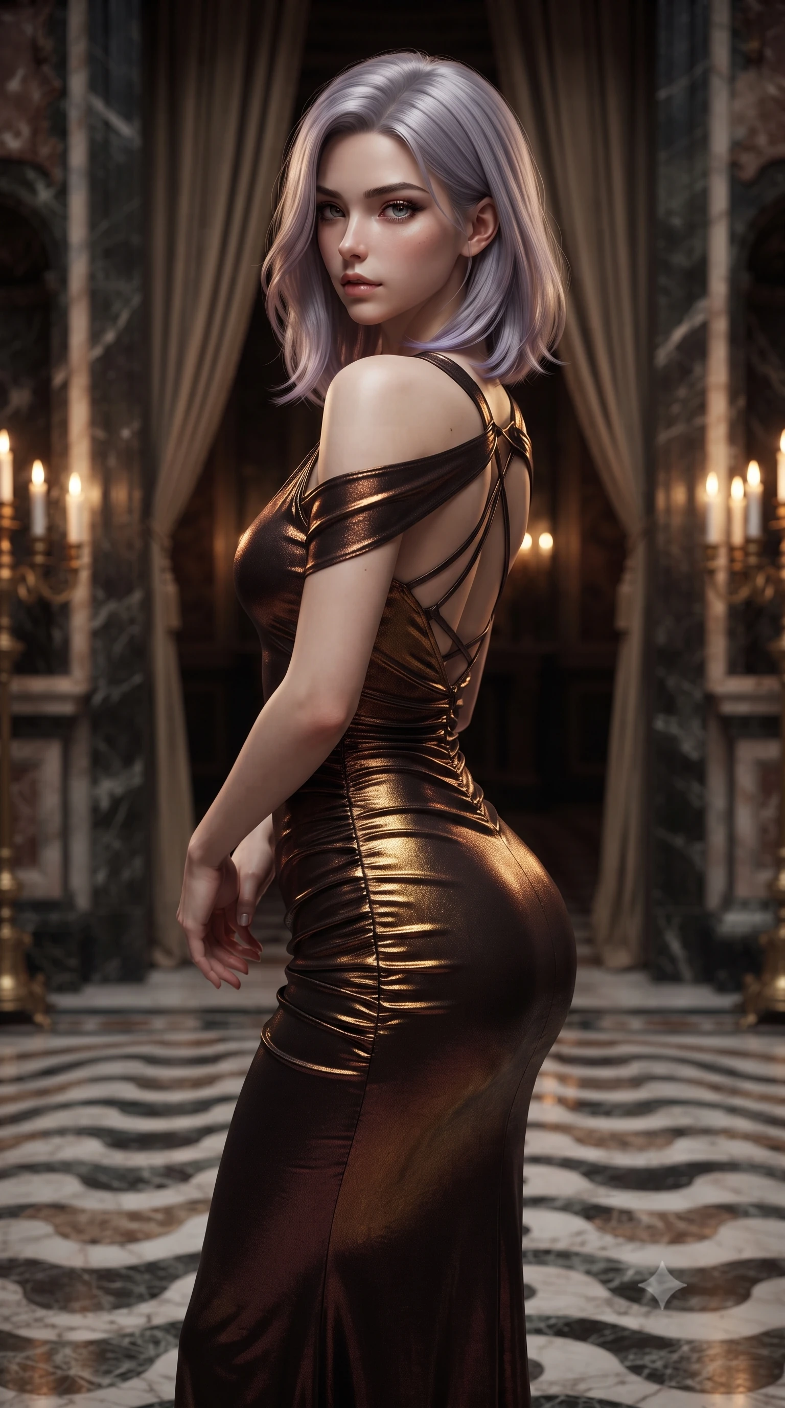 score_9, masterpiece, best quality, ultra-detailed, high-budget anime keyframe, editorial fashion photography, tasteful artistic composition, Caucasian woman. close-up cowboy shot from the waist and thighs up, the character dominates the composition, filling the frame with her large presence. twisting her slender torso in a deep contrapposto stance, hips dramatically shifted to accentuate her feminine curves while looking past her shoulder with smoldering bedroom-eyes while standing poised on the ancient wave-patterned marble mosaic floor, twisting her slender torso in an alluring S-curve under flickering brass candelabras. The composition keeps background elements in soft focus with creamy bokeh. heavy velvet doorway drapes and dark marble niches softened in majestic sacred shallow focus. She has an exceptionally elegant, slender, and willowy female figure with an ultra-slim waist, flat toned midriff, narrow ribcage, and sculpted feminine hips creating an alluring, slim hourglass silhouette without bulk. sharp v-shaped jawline, high-bridge nose, intricate jewel-like eyes with depth, thick eyelashes, glossy parted lips with a natural sheen, intensely captivating and seductive bedroom-eyes expression, flawlessly proportioned anatomical accuracy, strict slender model proportions, natural body alignment, perfectly sculpted long slender limbs, ultra-slim waistline, clean dynamic posture without body distortion. wearing a form-contouring cocktail dress with an asymmetrical open shoulder and hip-defining ruching in dark espresso brown and molten gold foil, crafted from luxurious metallic lamé that shifts radiance with every step, finished with criss-cross back satin straps highlighting her graceful shoulder blades, the second-skin form-contouring cut accentuating her sculpted flat midriff, narrow delicate ribcage, and gracefully curvy hips with supermodel precision. illuminated by flickering candle specular highlights accentuating her graceful neck, narrow waist, and curvy hips. ultra-reflective glossy finish, specular highlights, rich textural contrasts, high-contrast stereoscopic depth, volumetric dynamic lighting, 2k, ultra detail, master piece, 9:16 ratio