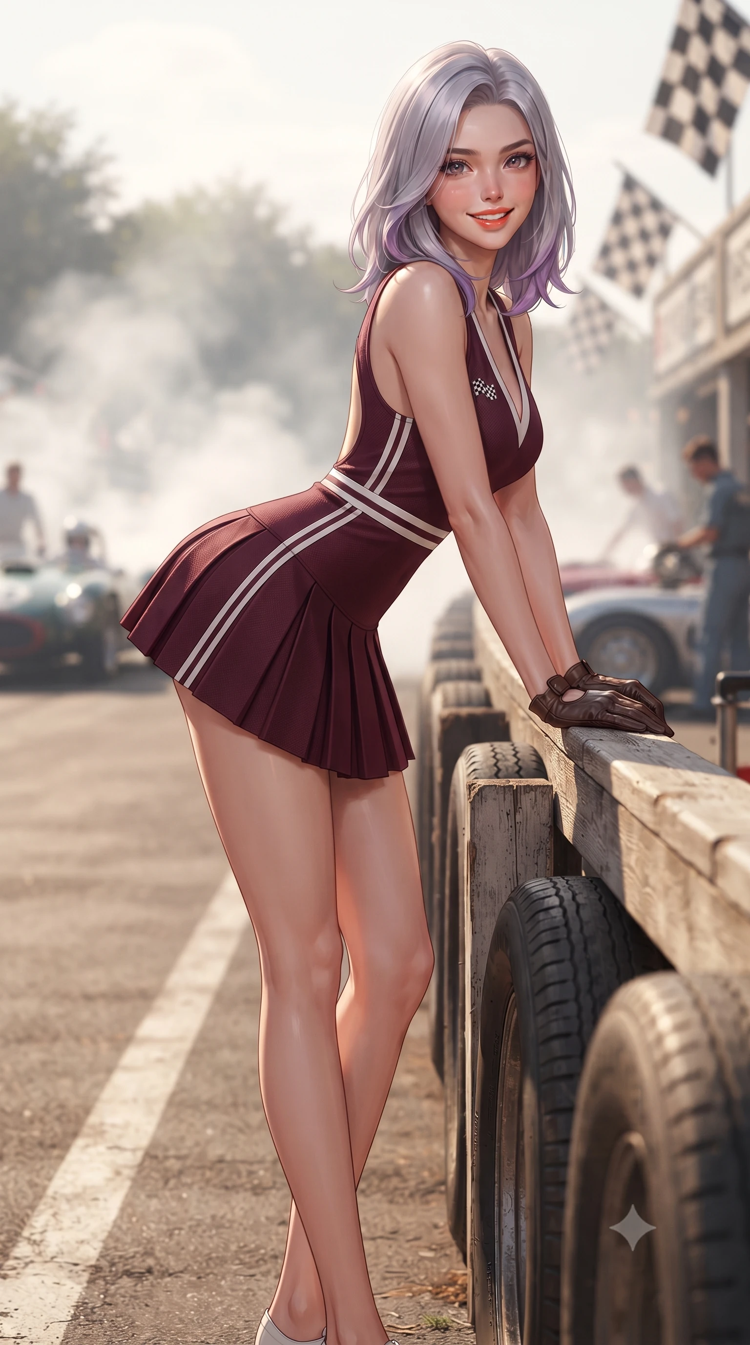 score_9, masterpiece, best quality, ultra-detailed, high-budget anime keyframe, editorial fashion photography, tasteful artistic composition, Caucasian woman. low angle full-body shot from head to toe showing her feet, filling the entire 9:16 vertical frame with her statuesque presence, stretching her vertical silhouette. leaning deep against the pit lane barrier with hips cocked back in an unapologetically alluring high-fashion stance, flashing a warm beaming smile while sitting perched on the wooden tire wall of the historic motor circuit, arching her lower back with a radiant, playful retro smile and leather driving gloves. The background shows a soft-focus drifting castor oil smoke and checkered flags softened in nostalgic 1950s motorsport shallow focus. She has an absolutely perfect, statuesque 8.5-heads proportion, an exceptionally tall and slender model-like female figure with impossibly long slender legs, an ultra-slim waist, a flat toned midriff, narrow delicate ribcage, and beautifully sculpted feminine hips creating a graceful, slim hourglass silhouette without any bulky heaviness. sharp v-shaped jawline, high-bridge nose, sparkling eyes with athletic focus and depth, thick curled eyelashes, glossy parted lips with a natural coral-peach sheen, bright confident and coquettish smile with alluring bedroom-eyes, exuding both youthful sporty vigor and sovereign high-society glamour, flawlessly proportioned anatomical accuracy, strict slender model proportions, natural body alignment, perfectly sculpted long slender limbs, ultra-slim waistline, clean dynamic posture without body distortion. wearing a deep V-neck knit tennis dress with an open-back scoop and knife-pleated skirt tracing her narrow waist and hips in rich burgundy wine and crisp court white, made of second-skin technical compression piqué knit with moisture-wicking stretch, finished with contrasting racing stripe tape and subtle checkered flag embroidery, the form-contouring athletic cut accentuating her sculpted flat midriff, narrow delicate ribcage, and gracefully curvy hips with supermodel precision. illuminated by polished aluminum car reflections and sharp golden rim lights sculpting her razor-sharp jawline, narrow waist, and curvy hips. ultra-reflective glossy finish, specular highlights, rich textural contrasts, high-contrast stereoscopic depth, volumetric dynamic lighting, 2k, ultra detail, master piece, 9:16 ratio