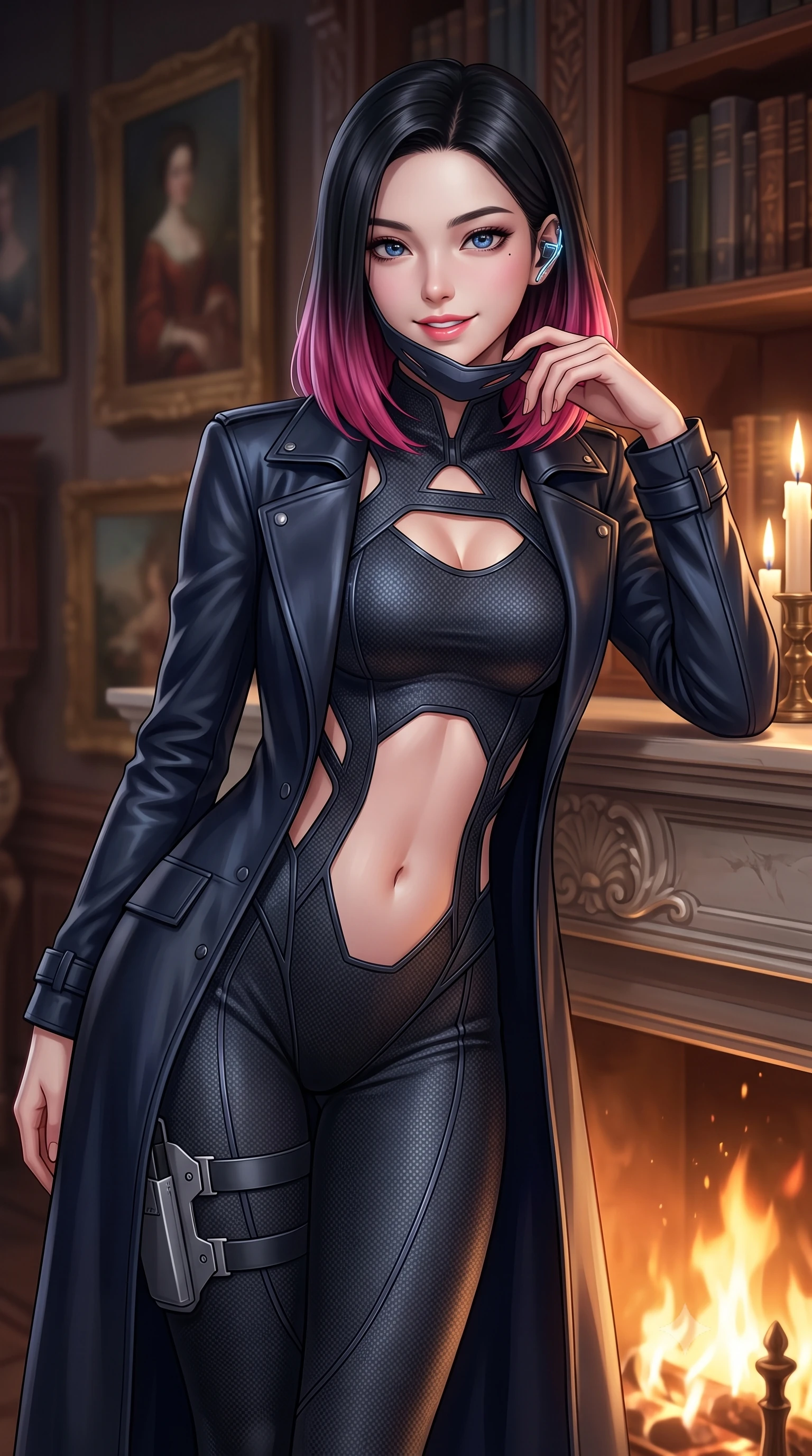 score_9, masterpiece, best quality, ultra-detailed, high-budget anime keyframe, semi-realistic 3D game render, editorial fashion photography, tasteful artistic composition, Korean woman. close-up cowboy shot from the waist and thighs up, the character dominates the composition, filling the frame with her large presence. leaning forward with playful, captivating grace, her sculpted collarbones and slender neckline highlighted by directional light while resting against a candlelit grand fireplace with mask slightly lowered, smiling with dangerous, bewitching elegance. The composition keeps background elements in soft focus with creamy bokeh. antique oil paintings and carved baroque wooden library shelves softened in romantic shallow focus. She has an exceptionally elegant, slender, and willowy female figure with an ultra-slim waist, a gracefully sculpted slender torso, toned flat midriff, and a refined slim silhouette. sharp v-shaped jawline, high-bridge nose, intricate jewel-like eyes with depth, thick eyelashes, glossy lips with a natural sheen, captivating and magnetic expression, flawlessly proportioned anatomical accuracy, strict slender model proportions, natural body alignment, perfectly sculpted long slender limbs, ultra-slim waistline, clean dynamic posture without body distortion. wearing a sleek second-skin dark carbon-weave infiltration catsuit paired with a tailored long leather trench coat in stealth obsidian black and midnight navy, crafted from flexible ballistic matte leather and ultra-sleek stretch neoprene, equipped with a minimalist titanium leg holster and smart holographic earpiece, the precision-cut daring openings accentuating her delicate midriff, graceful bare collarbones, and ultra-slim feminine waistline. illuminated by crisp specular highlights tracing her bare clavicle, ultra-slim waist, and flowing gown. highly saturated vibrant anime colors, detailed shading with soft gradients, rich glossy textures, high-contrast stereoscopic depth, volumetric dynamic lighting, master piece, 9:16 ratio