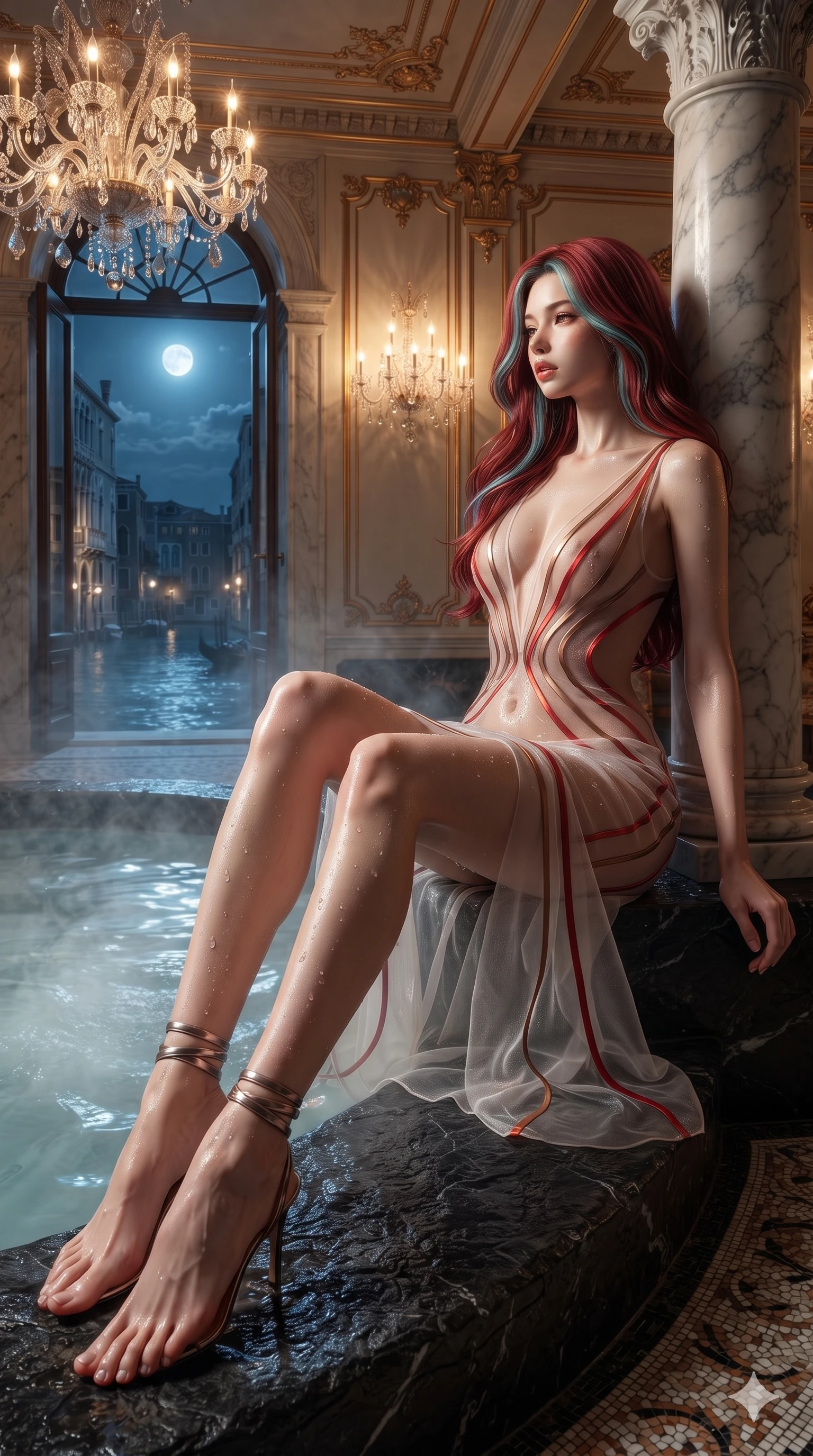 score_9, masterpiece, best quality, ultra-detailed, high-budget anime keyframe, editorial fashion photography, tasteful artistic composition, Caucasian woman. low angle full-body shot from head to toe showing her feet, filling the entire 9:16 vertical frame with her statuesque presence, stretching her vertical silhouette. sitting on the black basalt rock rim of the steaming geothermal lagoon, water droplets beading on her flat midriff and curvy hips while leaning against the fluted marble loggia column with hips cocked back, looking through the open arches into the moonlit canal with heavy-lidded smoldering bedroom-eyes. The surrounding environment is rendered in vivid detail and crisp panoramic clarity: sharp Venetian terrazzo floor mosaic inlays, crystal chandelier prism facets, and gilded stucco moldings in deep focus. She has an exceptionally tall and slender model-like 8.5-heads proportion, an ultra-slim waist, a flat toned midriff, narrow delicate ribcage, and beautifully sculpted feminine hips creating a graceful, slim hourglass silhouette without any bulky heaviness, with impossibly long slender legs. sharp v-shaped jawline, high-bridge nose, intricate jewel-like sparkling eyes with depth, thick eyelashes, glossy parted lips with a natural sheen, intensely captivating and seductive bedroom-eyes expression, exuding both youthful cute charm and sovereign luxury allure, flawlessly proportioned anatomical accuracy, strict slender model proportions, natural body alignment, perfectly sculpted long slender limbs, ultra-slim waistline, clean dynamic posture without body distortion. wearing a plunge-front sheer illusion tulle slip dress with liquid platinum ribbon stripes hugging her curves in imperial vermilion silk and warm bronze, crafted from translucent silk organza with an ethereal crystalline sheen, complemented by strappy stiletto sandals with metallic ankle wraps accentuating her slender calves, the precision-cut side openings and low-back scoop framing her graceful spine and the sensual sweep of her slim, toned hips. bathed in the warm, sparkling amber-crystal brilliance of interior Murano chandeliers contrasting with cool midnight blue moonlight outside. ultra-reflective glossy finish, specular highlights, rich textural contrasts, high-contrast stereoscopic depth, volumetric dynamic lighting, 2k, ultra detail, master piece, 9:16 ratio