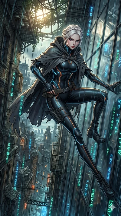 score_9, masterpiece, best quality, ultra-detailed, Set A: High-budget Anime Keyframe, Korean woman. Upper body close-up from the thighs up, character filling the screen for maximum presence. Theme: Urban Decay. sliding down a glass skyscraper in a s