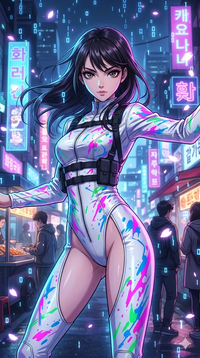 score_9, masterpiece, best quality, ultra-detailed, Set A: High-budget Anime Keyframe, Japanese woman. Upper body close-up from the thighs up, character filling the screen for maximum presence. Dancing through a neon-lit Neo-Seoul market, while a dig