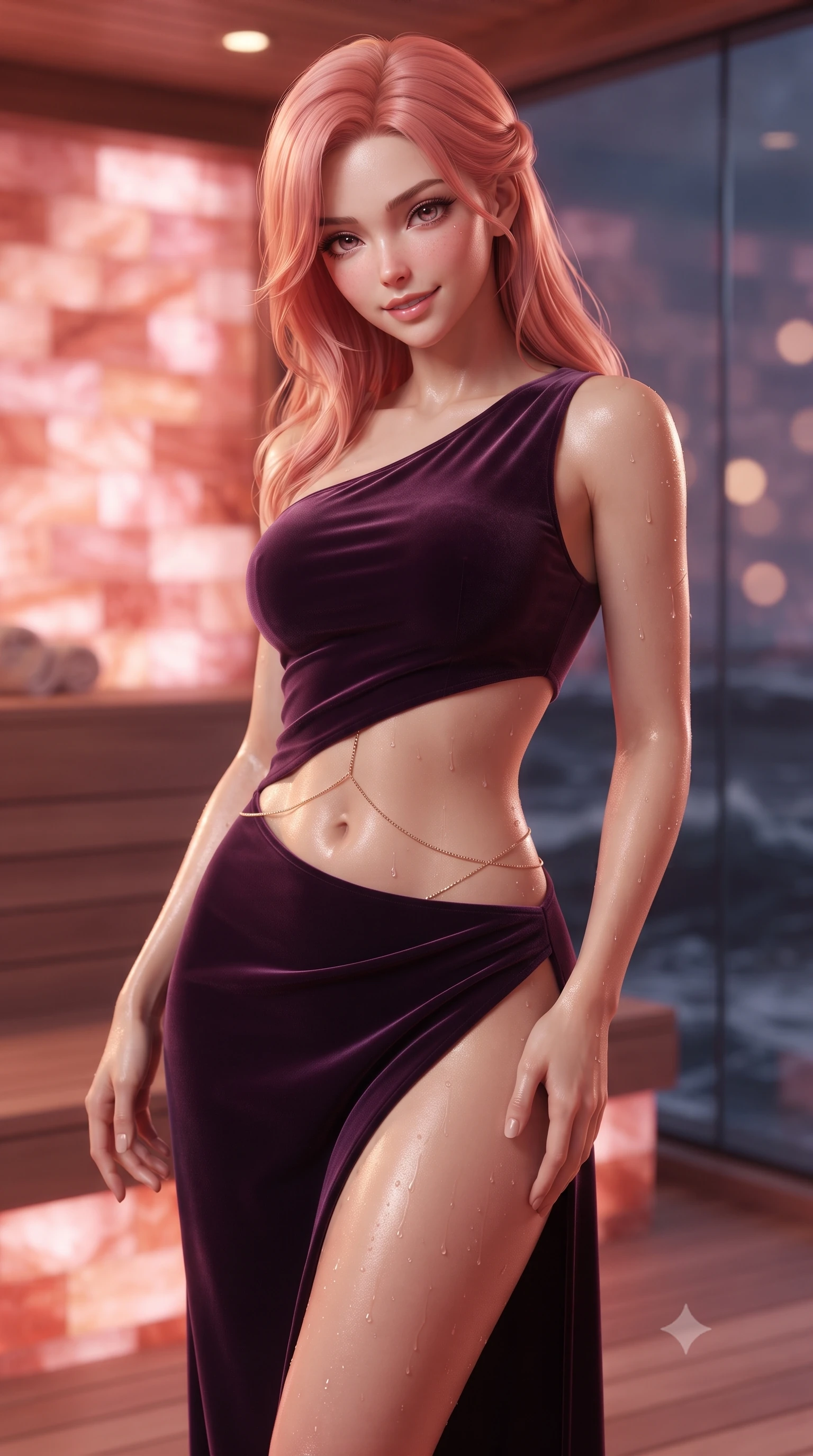 score_9, masterpiece, best quality, ultra-detailed, high-budget anime keyframe, editorial fashion photography, tasteful artistic composition, Japanese woman. close-up cowboy shot from the waist and thighs up, the character dominates the composition, filling the frame with her large presence. tilting her head with a teasing half-smile, running one hand slowly down the side of her hip in a flirtatious S-curve as ambient light caresses her silhouette while stepping out onto the private spa deck with dewy perspiration glowing on her limbs, casting an alluring, parted-lip bedroom-smile. The background shows a soft-focus glowing pink Himalayan salt brick walls, fragrant cedar wood planks, and dark ocean waves outside glass blurred into rose-gold, amber, and indigo bokeh. She has an exceptionally elegant, slender, and willowy female figure with an ultra-slim waist, flat toned midriff, narrow ribcage, and sculpted feminine hips creating an alluring, slim hourglass silhouette without bulk. sharp v-shaped jawline, high-bridge nose, sparkling eyes with hypnotic seductive depth, thick curled eyelashes, glossy parted lips with a natural dewy peach sheen, alluring bedroom-eyes with an enchanting coquettish smile, exuding magnetic siren charisma and sophisticated glamour, flawlessly proportioned anatomical accuracy, strict slender model proportions, natural body alignment, perfectly sculpted long slender limbs, ultra-slim waistline, clean dynamic posture without body distortion. wearing an asymmetric one-shoulder liquid jersey gown with dramatic hip-high slit and sculptural waist cutout in rich dark plum violet and gilded bronze, tailored from ultra-plush velvet with rich tactile depth and deep shadow gradients, accented with a dainty gold belly chain resting across her flat midriff and curving hips, the high-slit wrap tailoring accentuating her ultra-slim waistline and the enchanting curve of her feminine hips with alluring seductive charm. bathed in warm therapeutic pink-and-amber glow radiating through translucent Himalayan salt blocks. ultra-reflective glossy finish, specular highlights, rich textural contrasts, high-contrast stereoscopic depth, volumetric dynamic lighting, 2k, ultra detail, master piece, 9:16 ratio
