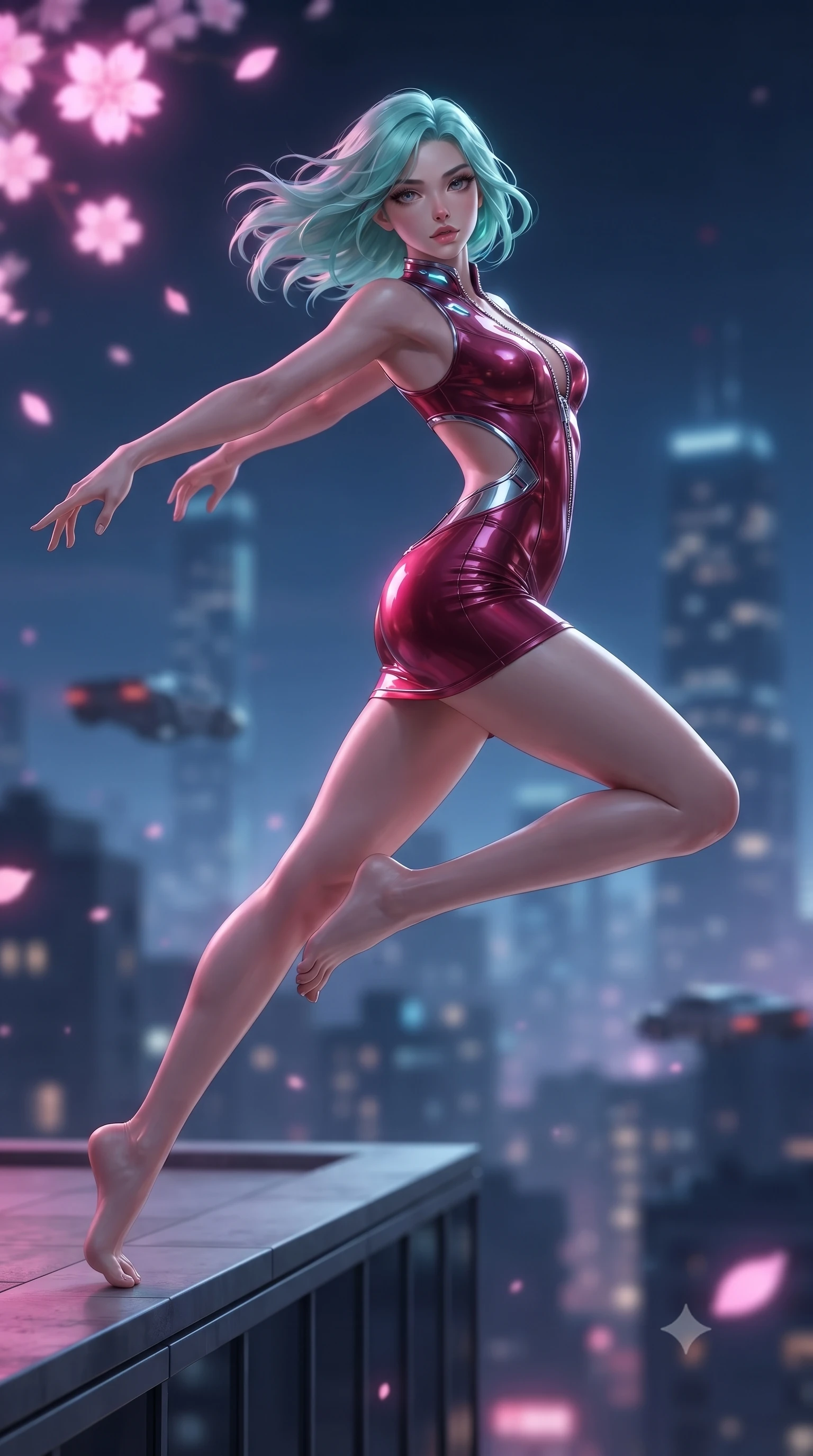 score_9, masterpiece, best quality, ultra-detailed, high-budget anime keyframe, editorial fashion photography, tasteful artistic composition, Japanese woman. low angle full-body shot from head to toe showing her feet, filling the entire 9:16 vertical frame with her statuesque presence, stretching her vertical silhouette. leaping through mid-air with an athletic yet alluring arch of her spine, her impossibly long slender legs stretched in flawless poise while twisting her upper body dramatically at the building edge as high-altitude winds whip her hair and outfit. The composition keeps background elements in soft focus with creamy bokeh. distant skyscraper towers and hovering aero-cars softened by shallow atmospheric focus. She has an absolutely perfect, statuesque 8.5-heads proportion, an exceptionally tall and slender model-like female figure with impossibly long slender legs and an ultra-slim waist. sharp v-shaped jawline, high-bridge nose, intricate jewel-like eyes with depth, thick eyelashes, glossy lips with a natural sheen, flawlessly proportioned anatomical accuracy, natural body alignment, perfectly sculpted elegant limbs, clean dynamic posture without body distortion. wearing a second-skin fashion-latex mini dress with a clean architectural front, featuring an open-back design that wraps around the sides of her waist, showcasing her slender silhouette in deep ruby red and polished chrome accents, made of smooth iridescent silk chiffon that shifts colors with movement, featuring a dangerously unzipped neckline framed by glowing cybernetic accents, the sleek aerodynamic cut emphasizing her magnetic presence and alluring physical grace. illuminated by electric pink neon glow from sakura petals and deep blue urban night fill. ultra-reflective glossy finish, specular highlights, metallic sheen, high-contrast stereoscopic depth, volumetric dynamic lighting, 2k, ultra detail, master piece, 9:16 ratio