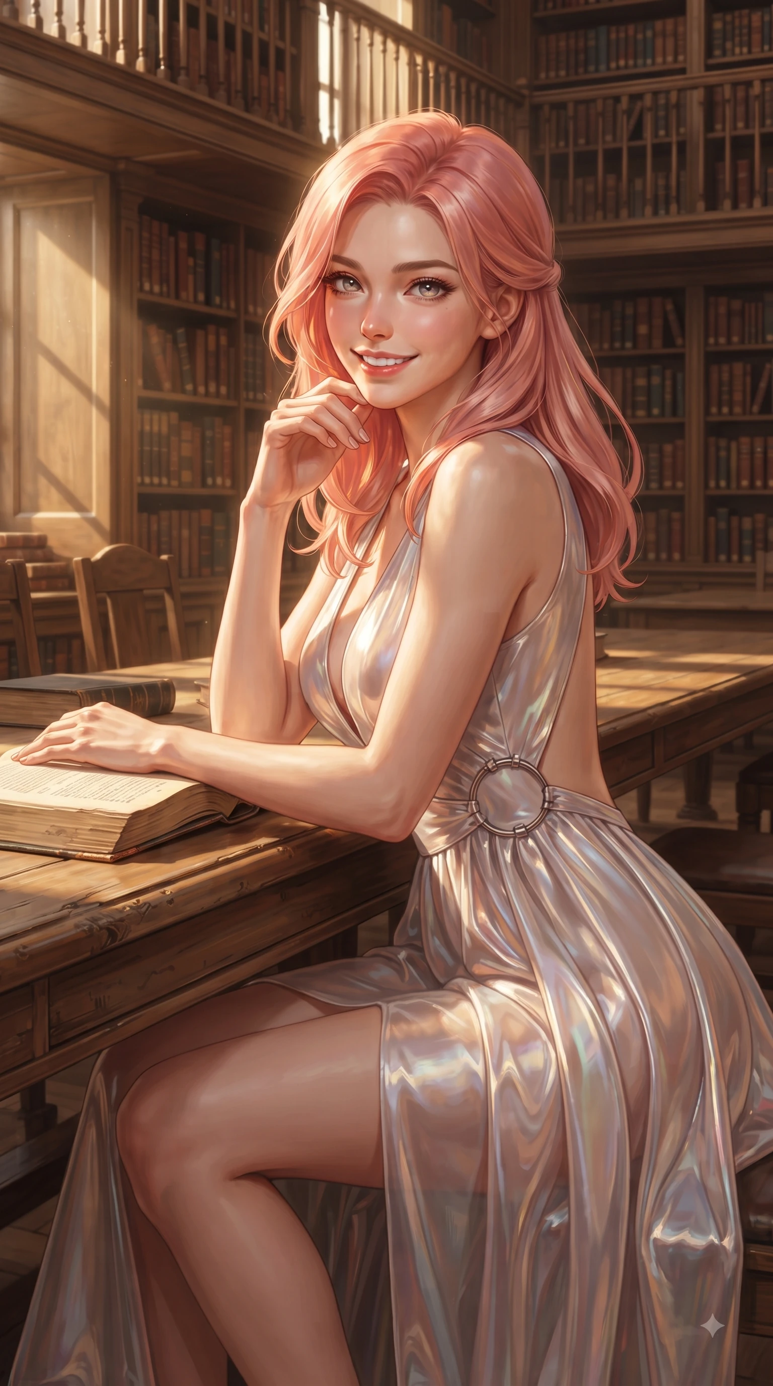 score_9, masterpiece, best quality, ultra-detailed, high-budget anime keyframe, editorial fashion photography, tasteful artistic composition, Japanese woman. close-up cowboy shot from the waist and thighs up, the character dominates the composition, filling the frame with her large presence, background elements kept in soft focus. Youthful bright smile exuding pure cute charm and fresh energy, her torso turning dynamically into the lens while sitting at a long wooden study table in a quiet sunlit library room with an intelligent cute smile, thousands of classic leather-bound volumes stacked along majestic wooden bookcases. She has an exceptionally elegant, slender, and willowy female figure with an ultra-slim waist, a gracefully sculpted slender torso, and a refined silhouette. sharp v-shaped jawline, high-bridge nose, intricate jewel-like eyes with depth, thick eyelashes, glossy lips with a natural sheen, flawlessly proportioned anatomical accuracy, natural body alignment, perfectly sculpted elegant limbs, clean dynamic posture without body distortion. wearing a translucent iridescent chiffon gown with a plunging neckline and open back in pearl white and rose gold, formed from sleek second-skin neoprene, accented with delicate chrome ring hardware framing her waist, the glove-like fit emphasizing her statuesque silhouette during motion. bathed in warm golden dusty sunbeams and clear ambient library illumination. ultra-reflective glossy finish, specular highlights, metallic sheen, high-contrast stereoscopic depth, volumetric dynamic lighting, 2k, ultra detail, master piece, 9:16 ratio