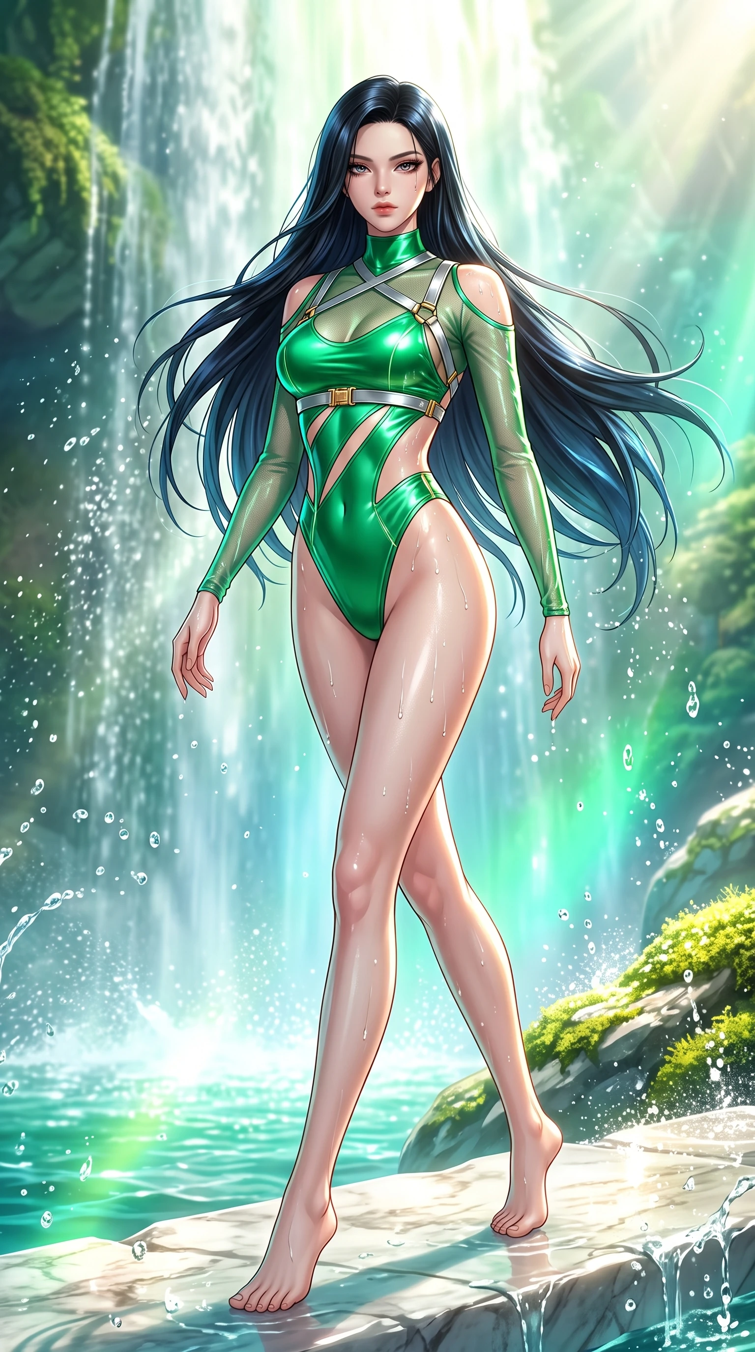 score_9, masterpiece, best quality, ultra-detailed, high-budget anime keyframe, semi-realistic 3D game render, editorial fashion photography, tasteful artistic composition, Korean woman. low angle full-body shot from head to toe showing her feet, filling the entire 9:16 vertical frame with her statuesque presence, stretching her vertical silhouette. striding forward in a proud, statuesque motion with a dangerous smolder, her vertical silhouette dominating the frame from head to toe while reclining along a sunlit marble rock pool as clear cascading water droplets glisten across her bare shoulders. The surrounding environment is rendered in vivid detail and crisp panoramic clarity. sharp water droplet splashes, cascading waterfall spray textures, and sunlit moss in high resolution. She has an absolutely perfect, statuesque 8.5-heads proportion, an exceptionally tall and slender model-like female figure with impossibly long slender legs, a toned flat midriff, and an ultra-slim waist. sharp v-shaped jawline, high-bridge nose, intricate jewel-like eyes with depth, thick eyelashes, glossy lips with a natural sheen, flawlessly proportioned anatomical accuracy, strict slender model proportions, natural body alignment, perfectly sculpted long slender limbs, ultra-slim waistline, clean dynamic posture without body distortion. wearing an ultra-sleek high-cut tech-bodysuit featuring dangerous diagonal slitted cutouts on the midriff and shoulders, reinforced by a metallic silver harness and sheer mesh sleeves in bright emerald green satin and gold hardware, tailored from semi-translucent cybernetic vinyl with glowing micro-filaments, complemented by criss-cross back straps highlighting her completely bare spine, the liquid-tight tailored fabric emphasizing every curve of her tall, slender model proportions and sculptured silhouette during dynamic movement. bathed in bright morning sunbeams penetrating waterfall mist with radiant green and cyan ambient glow. highly saturated vibrant anime colors, detailed shading with soft gradients, rich glossy textures, high-contrast stereoscopic depth, volumetric dynamic lighting, master piece, 9:16 ratio