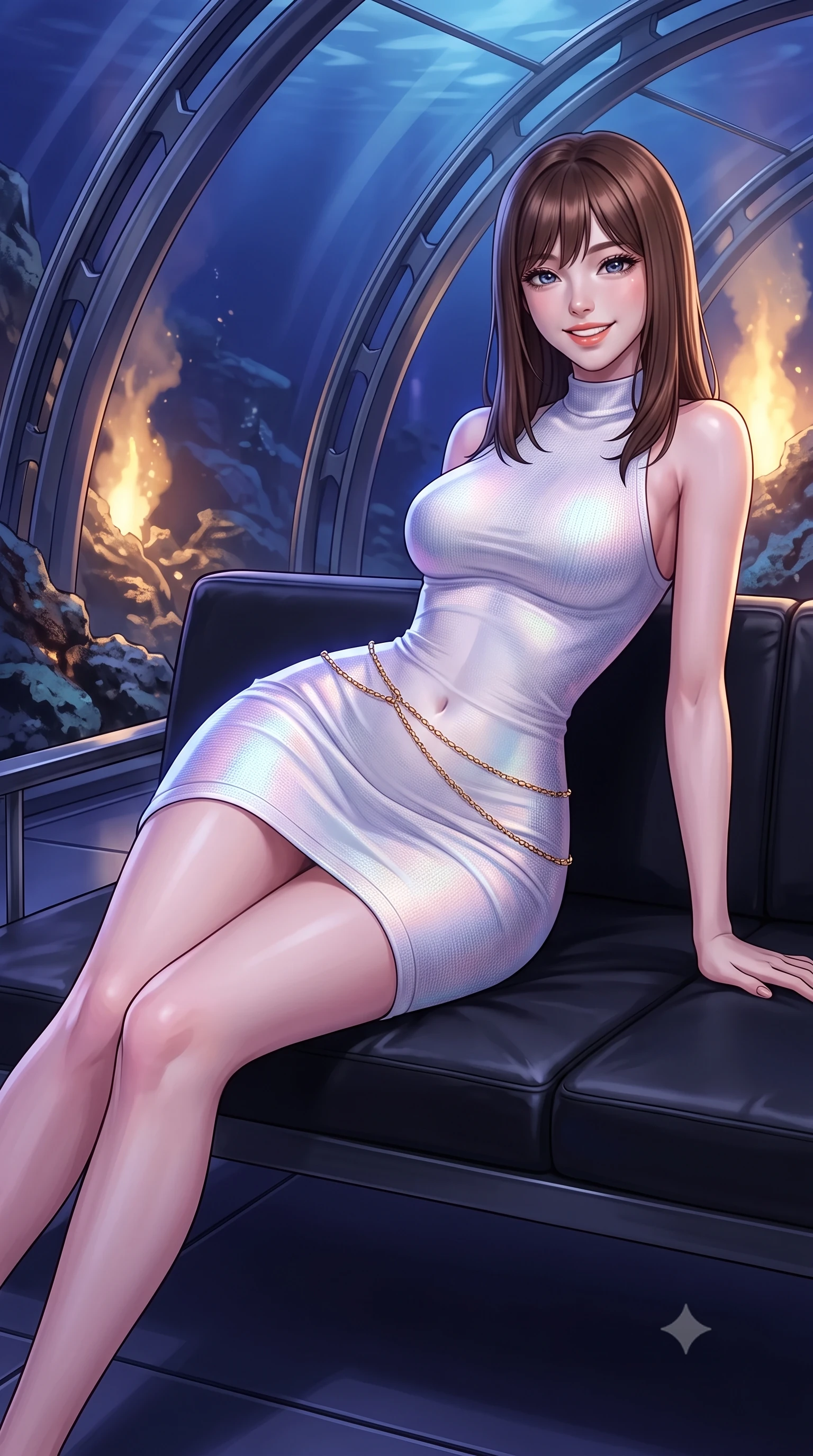 score_9, masterpiece, best quality, ultra-detailed, high-budget anime keyframe, editorial fashion photography, tasteful artistic composition, Korean woman. close-up cowboy shot from the waist and thighs up, the character dominates the composition, filling the frame with her large presence. perched sideways on the lounge seat, one knee drawn up to showcase her slender leg line while her arched back accentuates her feminine hip curve while lounging gracefully across the minimalist black leather settee propped on one elbow with legs extended, displaying her long slender limbs and statuesque hourglass silhouette. The surrounding environment is rendered in vivid detail and crisp panoramic clarity: sharp reinforced titanium arch ribs, crystal-clear thick acrylic dome segments, and mineral crusts on ocean volcanic rock in deep focus. She has an exceptionally elegant, slender, and willowy female figure with an ultra-slim waist, flat toned midriff, narrow ribcage, and sculpted feminine hips creating an alluring, slim hourglass silhouette without bulk. sharp v-shaped jawline, high-bridge nose, intricate jewel-like sparkling eyes with depth, thick eyelashes, glossy parted lips with a natural peach sheen, bright cheerful beaming smile with an enchanting and coquettish sensual glint, exuding both youthful cute charm and seductive allure, flawlessly proportioned anatomical accuracy, strict slender model proportions, natural body alignment, perfectly sculpted long slender limbs, ultra-slim waistline, clean dynamic posture without body distortion. wearing a dense bandage knit cyber-cocktail dress with mock neck hugging her delicate ribcage and hips like a second skin in holographic prismatic pearl and titanium white, crafted from bespoke double-faced cashmere with an exceptionally soft tactile finish, accented with a dainty gold belly chain resting across her flat midriff and curving hips, the glove-like clinging cut tightly following the natural contour of her hips and long slender legs with youthful 8.5-heads elegance. bathed in deep ocean blue-violet ambient light mixed with warm 2200K golden geothermal vent radiance. ultra-reflective glossy finish, specular highlights, rich textural contrasts, high-contrast stereoscopic depth, volumetric dynamic lighting, 2k, ultra detail, master piece, 9:16 ratio