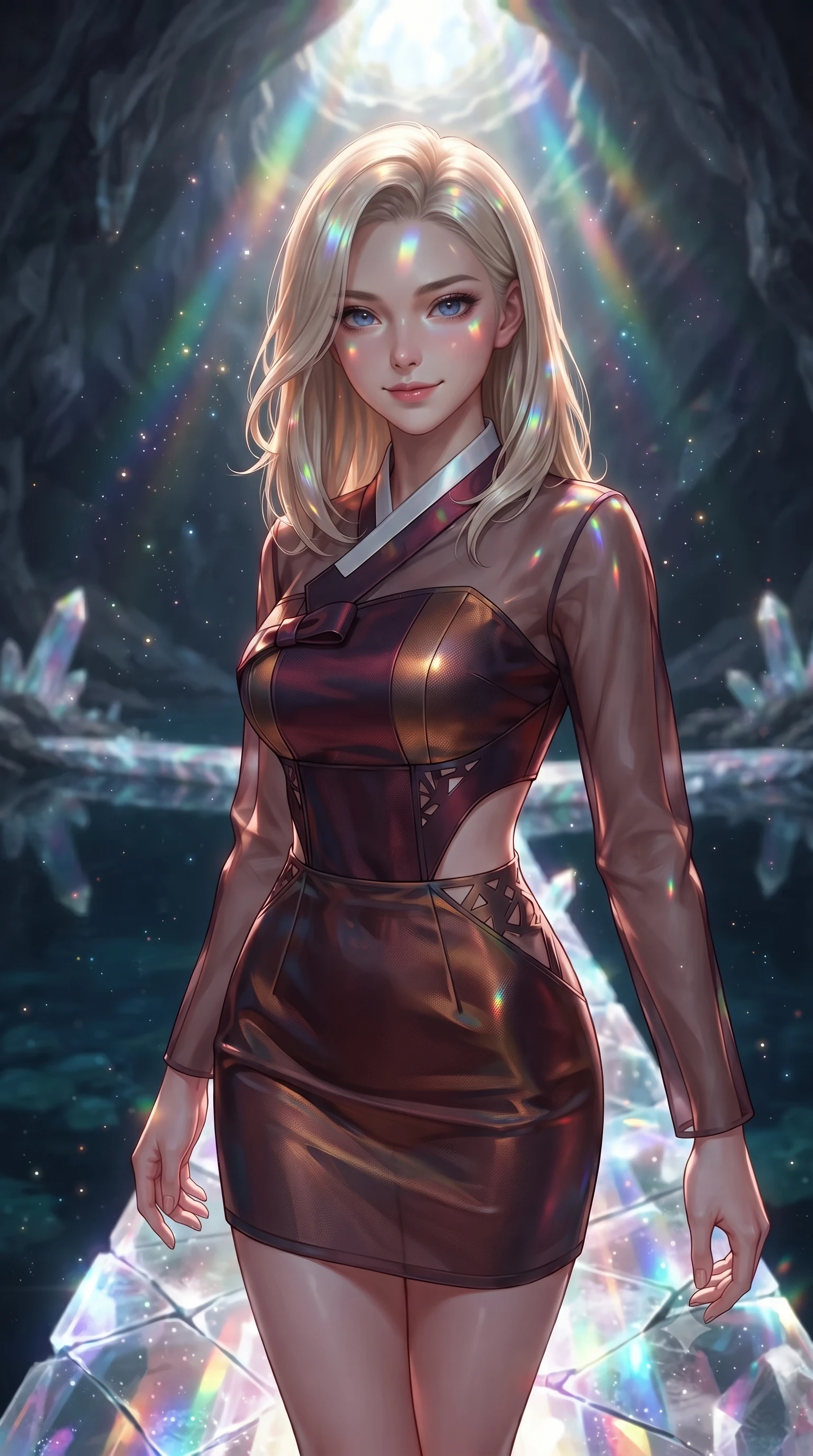 score_9, masterpiece, best quality, ultra-detailed, high-budget anime keyframe, editorial fashion photography, tasteful artistic composition, Caucasian woman. close-up cowboy shot from the waist and thighs up, the character dominates the composition, filling the frame with her large presence, background elements kept in soft focus. Smiling with quiet, magnetic self-assurance directly into the lens stepping along a glowing quartz crystal bridge over a subterranean mirror lake, glowing mineral dust shimmering like stars in the quiet cavern air. She has an exceptionally elegant, slender, and willowy female figure with an ultra-slim waist, a gracefully sculpted slender torso, and a refined silhouette. sharp v-shaped jawline, high-bridge nose, intricate jewel-like eyes with depth, thick eyelashes, glossy lips with a natural sheen. wearing a modern fusion silk hanbok dress with a structured bodice in deep burgundy and bronze, woven from fine semi-opaque sheer organza, featuring subtle geometric cutouts that highlight her ultra-slim midriff, the glove-like fit emphasizing her statuesque silhouette. bathed in brilliant prismatic light filtering from a natural cavern skylight. ultra-reflective glossy finish, specular highlights, metallic sheen, high-contrast stereoscopic depth, volumetric dynamic lighting, 2k, ultra detail, master piece, 9:16 ratio