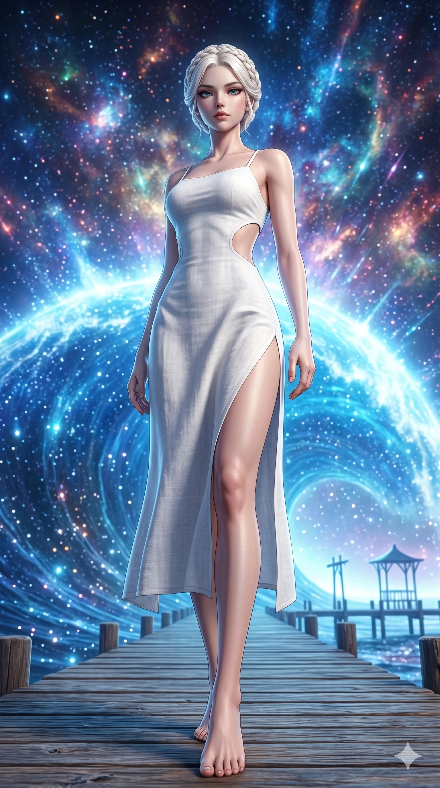 score_9, masterpiece, best quality, ultra-detailed, Set A: Photorealistic 8k CG, Japanese woman. Low angle cowboy shot filling the entire 9:16 frame with her statuesque presence. Standing on a pier as a giant wave of light crashes behind her. She has an absolutely perfect 8-heads proportion, an exceptionally tall and slender female figure with impossibly long slender legs and an ultra-slim waist. Sharp v-shaped jawline, high-bridge nose, intricate jewel-like eyes with depth, thick eyelashes, glossy lips. Wearing a Seasonal/Resort outfit: linen sundress with side cut-outs and a high side slit. Background is a bright and colorful starry sea with a glowing blue wave and nebula sky. 2k, ultra detail, master piece, 9:16 ratio