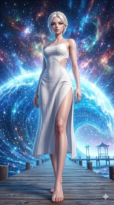 score_9, masterpiece, best quality, ultra-detailed, Set A: Photorealistic 8k CG, Japanese woman. Low angle cowboy shot filling the entire 9:16 frame with her statuesque presence. Standing on a pier as a giant wave of light crashes behind her. She has