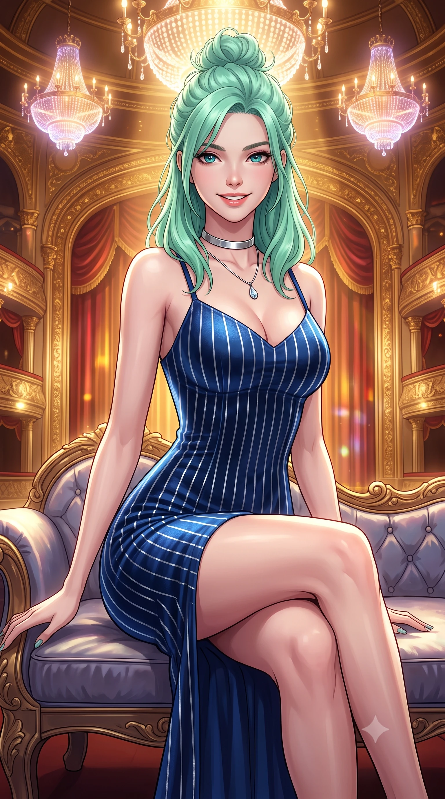 score_9, masterpiece, best quality, ultra-detailed, high-budget anime keyframe, semi-realistic 3D game render, editorial fashion photography, tasteful artistic composition, Japanese woman. close-up cowboy shot from the waist and thighs up, the character dominates the composition, filling the frame with her large presence. perched sideways on the lounge seat, one knee drawn up to showcase her slender leg line while her arched back accentuates her feminine hip curve while standing poised at the center of the gilded cyber-baroque opera stage beneath levitating plasma chandeliers, arching her lower back with sovereign diva charisma. The surrounding environment is rendered in vivid detail and crisp panoramic clarity: detailed anime keyframe lines, rich fabric textures, and monumental cyber-baroque architecture in razor-sharp precision. She has an exceptionally elegant, slender, and willowy female figure with an ultra-slim waist, flat toned midriff, narrow ribcage, and sculpted feminine hips creating an alluring, slim hourglass silhouette without bulk. sharp v-shaped jawline, high-bridge nose, intricate jewel-like sparkling eyes with depth, thick eyelashes, glossy parted lips with a natural peach sheen, bright cheerful beaming smile with an enchanting and coquettish sensual glint, exuding both youthful cute charm and seductive allure, flawlessly proportioned anatomical accuracy, strict slender model proportions, natural body alignment, perfectly sculpted long slender limbs, ultra-slim waistline, clean dynamic posture without body distortion. wearing a tailored velvet bodycon dress with metallic fiber pinstripes following her statuesque 8.5-heads silhouette in Shackleton lunar ice silver and Earthrise cobalt, crafted from bespoke double-faced cashmere with an exceptionally soft tactile finish, finished with a minimalist chrome choker and a single teardrop diamond pendant, the second-skin tailored fabric adhering flawlessly to her sculpted flat midriff and slender torso, emphasizing her long leg lines and perfectly proportioned willowy build. bathed in warm 2600K golden spotlight radiance combined with ruby and amber holographic curtain glow. highly saturated vibrant anime colors, detailed shading with soft gradients, rich glossy textures, high-contrast stereoscopic depth, volumetric dynamic lighting, master piece, 9:16 ratio