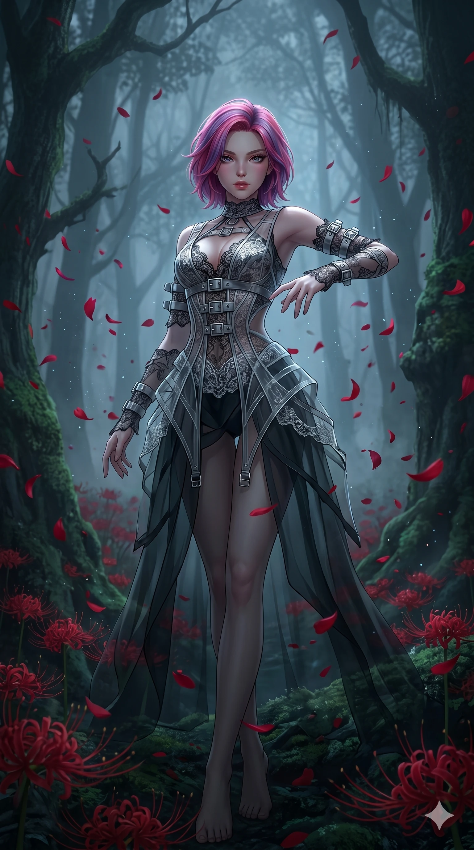score_9, masterpiece, best quality, ultra-detailed, High-budget Anime Keyframe, East Asian woman. Low angle cowboy shot filling the entire 9:16 frame with her statuesque presence. Scenario 85: Dancing amidst falling red spider lilies in a misty dark forest. Her presence is magnetic and overpowering in this high-budget anime scene. Outfit 85: A delicate lace-layered bodice with a translucent architectural overlays and metallic buckles. The clothing is designed to emphasize her exceptionally tall and slender 8-heads proportion. 8-heads proportion, towering silhouette, ultra-slim waist. sharp v-shaped jawline, intricate jewel-like eyes with depth, thick eyelashes, glossy lips. 2k, ultra detail, master piece, 9:16 ratio