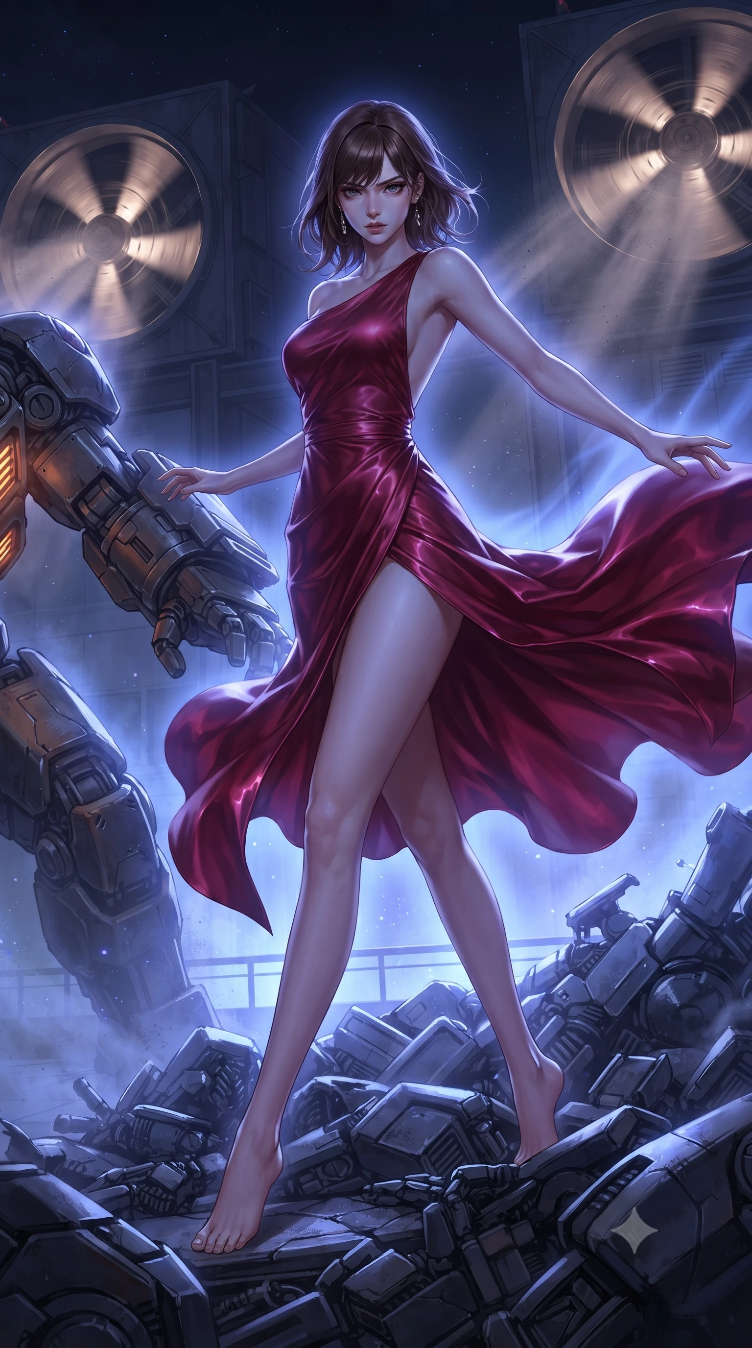 score_9, masterpiece, best quality, ultra-detailed, high-budget anime keyframe, editorial fashion photography, tasteful artistic composition, realistic cosplay photography, Korean woman. low angle full-body shot from head to toe showing her feet, filling the entire 9:16 vertical frame with her statuesque presence, stretching her vertical silhouette. acrobatically dodging a heavy mech's swipe by vaulting off a pile of cybernetic debris through a high rooftop terrace covered in giant spinning industrial fans, blowing heavy warm air and dust into the night sky. She has a statuesque 8.5-heads proportion, an exceptionally tall, slender and willowy model-like build with impossibly long legs and a highly sculpted ultra-slim waist. sharp v-shaped jawline, high-bridge nose, intricate jewel-like eyes with depth, thick eyelashes, glossy lips with a natural sheen. wearing the lightweight fabric rippling and billowing dramatically with her movement, a slim-fit high-slit evening gown in deep crimson silk, featuring an asymmetric one-shoulder design and a bare back. cool ethereal blue-violet bioluminescent glow wrapping around her from all sides. ultra-reflective glossy finish, specular highlights, metallic sheen, high-contrast stereoscopic depth, volumetric dynamic lighting, 2k, ultra detail, master piece, 9:16 ratio