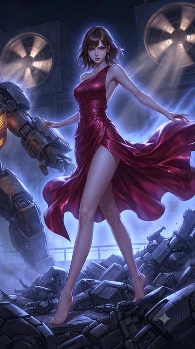 score_9, masterpiece, best quality, ultra-detailed, high-budget anime keyframe, editorial fashion photography, tasteful artistic composition, realistic cosplay photography, Korean woman. low angle full-body shot from head to toe showing her feet, fil