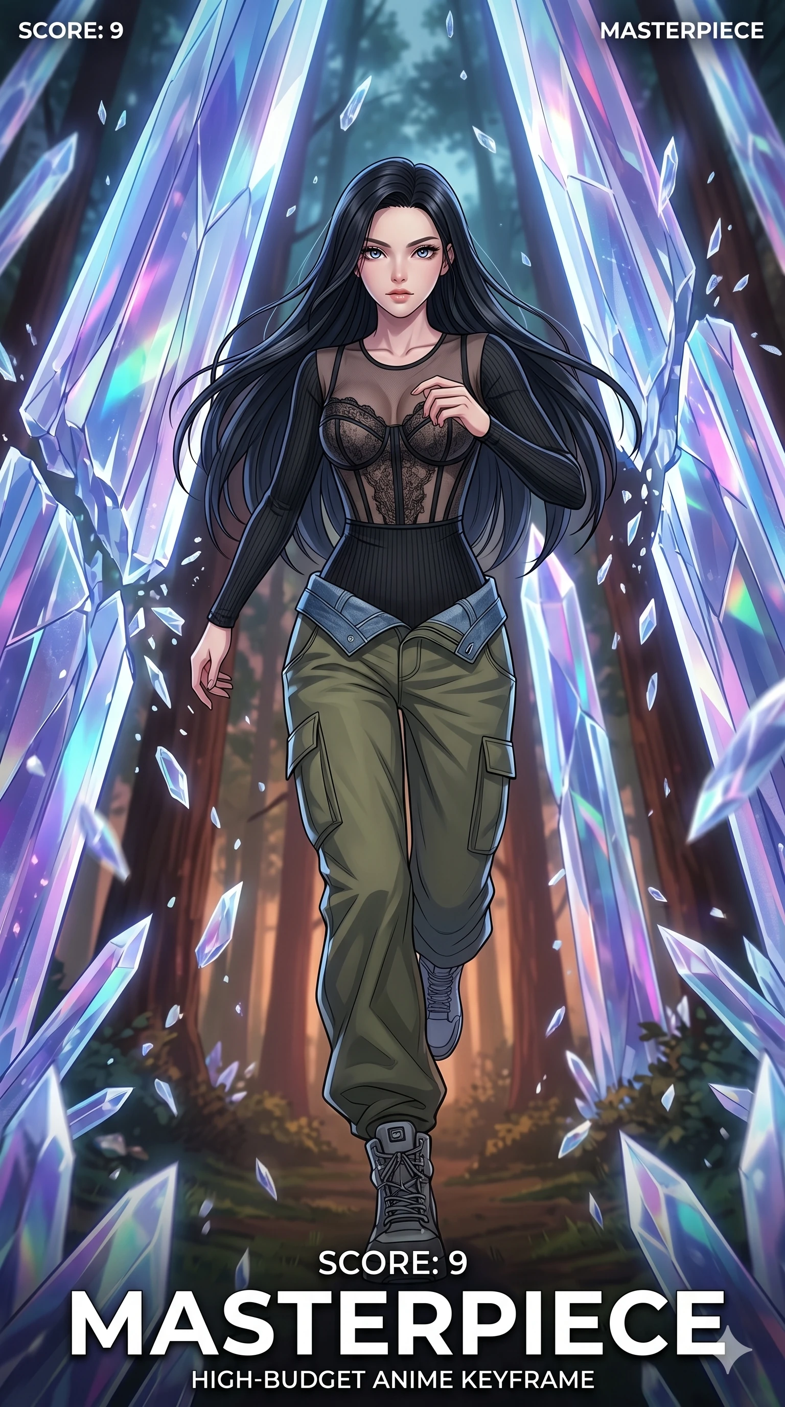 score_9, masterpiece, best quality, ultra-detailed, high-budget anime movie keyframe, cinematic anime lighting, intricate line art, Japanese woman. Low angle cowboy shot capturing a powerful motion and statuesque presence. sprinting through a forest of falling crystalline trees. She has an absolutely perfect 8-heads proportion, an exceptionally tall and slender female figure with an ultra-slim waist and impossibly long slender legs. strictly human anatomy, two legs only, no extra limbs, clearly defined legs and arms, perfect anatomy, perfect hands and fingers. sharp v-shaped jawline, high-bridge nose, intricate jewel-like eyes, thick eyelashes, glossy lips. Wearing Urban Trendsetter: Ribbed bodycon dress, crop top with high-waist denim, and sheer corset with cargo pants. The scene is illuminated by dramatic atmospheric lighting and vibrant color palettes. , 2k, ultra detail, master piece, 9:16 ratio