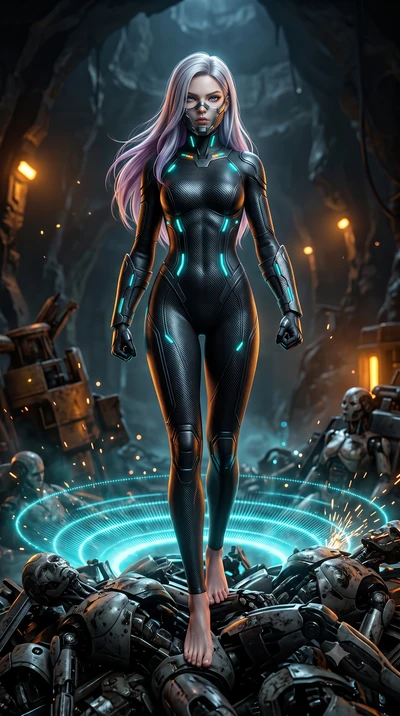 score_9, masterpiece, best quality, ultra-detailed, high-budget anime keyframe, semi-realistic 3D game render, editorial fashion photography, tasteful artistic composition, Caucasian woman. low angle full-body shot from head to toe showing her feet, 
