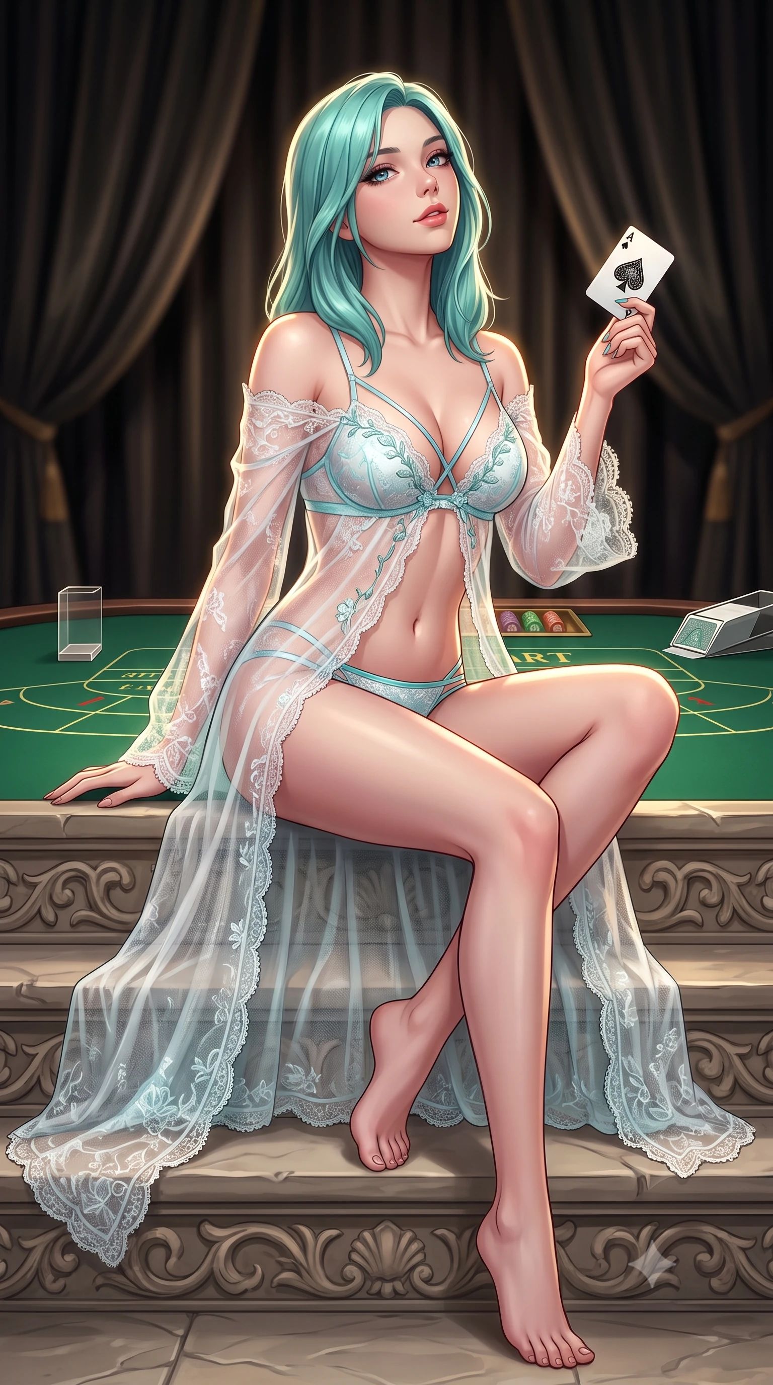 score_9, masterpiece, best quality, ultra-detailed, high-budget anime keyframe, semi-realistic 3D game render, editorial fashion photography, tasteful artistic composition, Japanese woman. low angle full-body shot from head to toe showing her feet, filling the entire 9:16 vertical frame with her statuesque presence, stretching her vertical silhouette. sitting poised on the stone steps with one knee bent, arching her spine with supermodel elegance as she glances upward through thick eyelashes while sitting at the green baize baccarat table with hips angled back, slowly squeezing a high-value playing card with smoldering bedroom-eyes. The background shows a soft-focus heavy velvet salon portières softened in elite high-stakes shallow focus. She has an absolutely perfect, statuesque 8.5-heads proportion, an exceptionally tall and slender model-like female figure with impossibly long slender legs, an ultra-slim waist, a flat toned midriff, narrow delicate ribcage, and beautifully sculpted feminine hips creating a graceful, slim hourglass silhouette without any bulky heaviness. sharp v-shaped jawline, high-bridge nose, sparkling eyes with hypnotic seductive depth, thick curled eyelashes, glossy parted lips with a natural dewy peach sheen, alluring bedroom-eyes with an enchanting coquettish smile, exuding magnetic siren charisma and sophisticated glamour, flawlessly proportioned anatomical accuracy, strict slender model proportions, natural body alignment, perfectly sculpted long slender limbs, ultra-slim waistline, clean dynamic posture without body distortion. wearing a delicate sheer lace boudoir robe worn loose and slipping off bare shoulders over a matching strappy bralette and briefs in celestial water-lily white and shimmering aquamarine, made of delicate semi-sheer French Chantilly lace with intricate eyelash edges, finished with delicate floral vine embroidery tracing along her sweetheart neckline with intimate elegance, the glove-like clinging cut tightly following the natural contour of her hips and long slender legs with youthful 8.5-heads elegance. illuminated by polished table lacquer bounce and sharp warm-gold rim lights sculpting her jawline, flat midriff, and voluptuous hip curves. highly saturated vibrant anime colors, detailed shading with soft gradients, rich glossy textures, high-contrast stereoscopic depth, volumetric dynamic lighting, master piece, 9:16 ratio