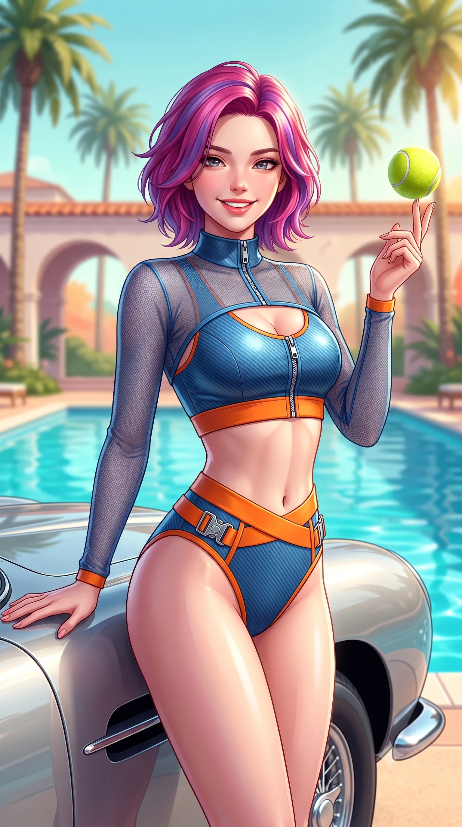 score_9, masterpiece, best quality, ultra-detailed, high-budget anime keyframe, semi-realistic 3D game render, editorial fashion photography, tasteful artistic composition, Caucasian woman. close-up cowboy shot from the waist and thighs up, the character dominates the composition, filling the frame with her large presence. playfully spinning a tennis ball on her fingertips, her radiant smile capturing fresh girlhood charm while her arched torso reveals an intoxicating hip contour while standing beside the iconic silver fender of a vintage Aston Martin DB5 parked by the pool, arching her back with classic Hollywood glamour. The background shows a soft-focus towering Beverly Hills royal palms, crystal turquoise pool water, and Spanish revival club arches blurred into pastel turquoise, honey, and coral bokeh. She has an exceptionally elegant, slender, and willowy female figure with an ultra-slim waist, flat toned midriff, narrow ribcage, and sculpted feminine hips creating an alluring, slim hourglass silhouette without bulk. sharp v-shaped jawline, high-bridge nose, sparkling eyes with athletic focus and depth, thick curled eyelashes, glossy parted lips with a natural coral-peach sheen, bright confident and coquettish smile with alluring bedroom-eyes, exuding both youthful sporty vigor and sovereign high-society glamour, flawlessly proportioned anatomical accuracy, strict slender model proportions, natural body alignment, perfectly sculpted long slender limbs, ultra-slim waistline, clean dynamic posture without body distortion. wearing a sheer athletic mesh long-sleeve crop top layered over an opaque racing bralette and high-cut tennis briefs in vintage Porsche Gulf blue and vibrant race orange, tailored from lightweight aerodynamic carbon-fiber composite with structured weave, finished with polished chrome zipper pulls and racing harness buckle hardware, the high-waisted wrap tailoring accentuating her ultra-slim waistline and the enchanting curve of her feminine hips with alluring sporty charm. bathed in bright California afternoon sunbeams reflecting off sparkling pool water. highly saturated vibrant anime colors, detailed shading with soft gradients, rich glossy textures, high-contrast stereoscopic depth, volumetric dynamic lighting, master piece, 9:16 ratio