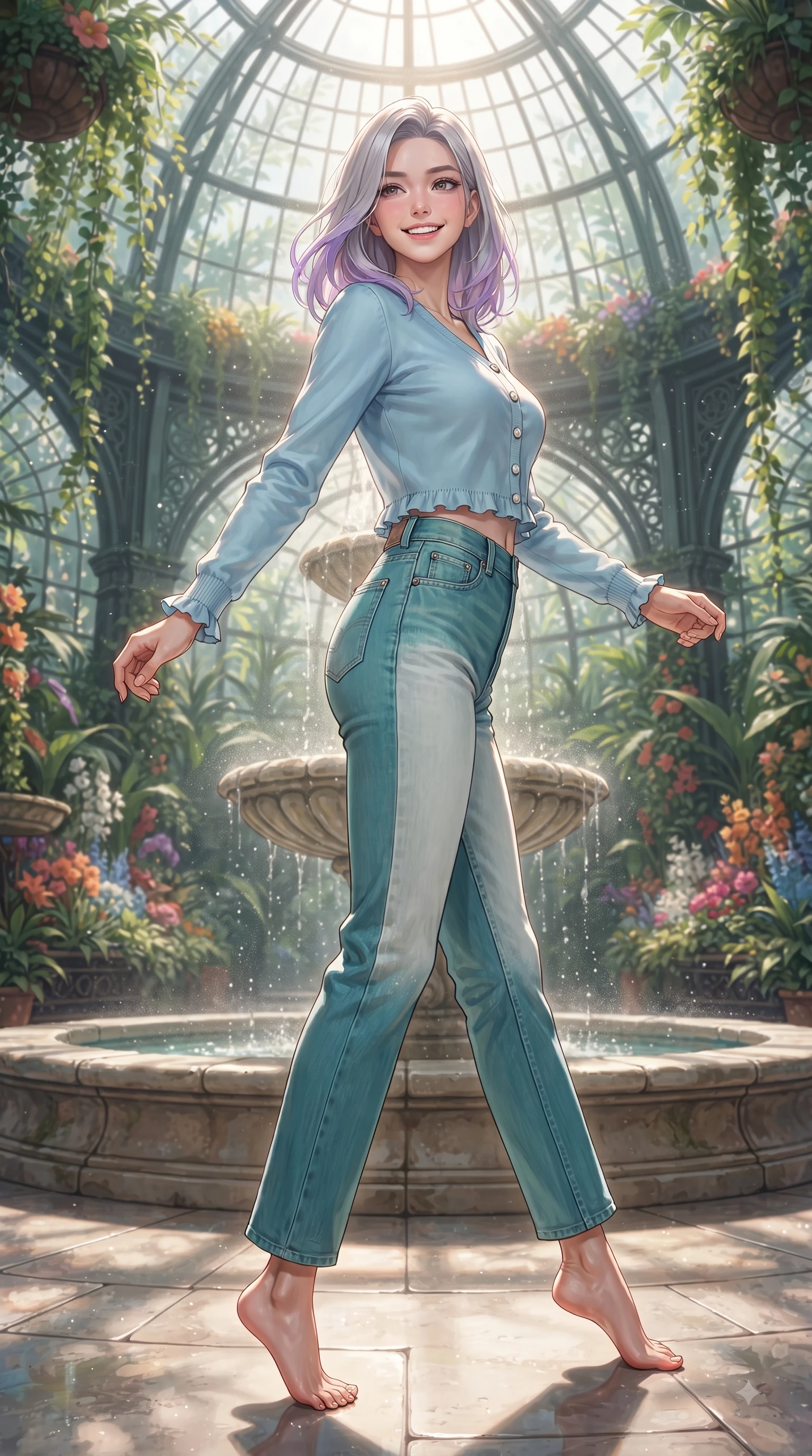 score_9, masterpiece, best quality, ultra-detailed, high-budget anime keyframe, editorial fashion photography, tasteful artistic composition, Caucasian woman. low angle full-body shot from head to toe showing her feet, filling the entire 9:16 vertical frame with her statuesque presence, stretching her vertical silhouette. performing a cheerful mid-motion turn with flawless poise, her radiant smile capturing fresh girlhood energy while pivoting gracefully near a gentle stone fountain as mist particles catch brilliant morning sunbeams. The surrounding environment is rendered in vivid detail and crisp panoramic clarity. intricate glasshouse dome architecture, cascading tropical vines, and vibrant botanical garden displays in deep focus. She has an absolutely perfect, statuesque 8.5-heads proportion, an exceptionally tall and slender model-like female figure with impossibly long slender legs and an ultra-slim waist. sharp v-shaped jawline, high-bridge nose, intricate jewel-like eyes with depth, thick eyelashes, glossy lips with a natural sheen, flawlessly proportioned anatomical accuracy, natural body alignment, perfectly sculpted elegant limbs, clean dynamic posture without body distortion. wearing a casual chic pastel blue cropped cardigan with high-rise straight-leg denim jeans in ocean turquoise and sea-salt white, crafted from smooth fluid silk satin, finished with subtle ruffle trims and delicate pearl buttons, the soft airy drape swaying gracefully with her dynamic movements. illuminated by fresh botanical sunbeams casting delicate leaf patterns. ultra-reflective glossy finish, specular highlights, metallic sheen, high-contrast stereoscopic depth, volumetric dynamic lighting, 2k, ultra detail, master piece, 9:16 ratio
