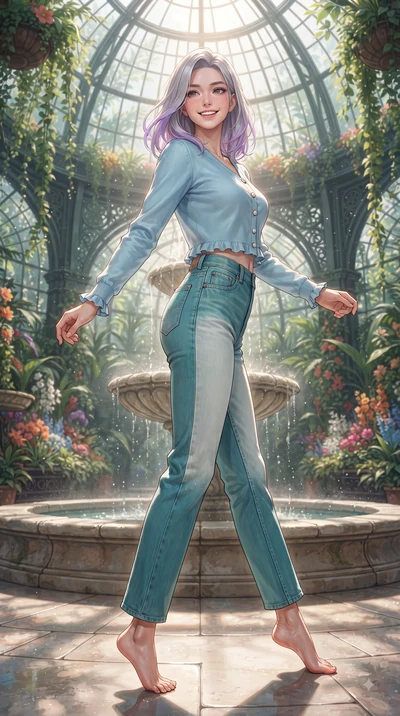score_9, masterpiece, best quality, ultra-detailed, high-budget anime keyframe, editorial fashion photography, tasteful artistic composition, Caucasian woman. low angle full-body shot from head to toe showing her feet, filling the entire 9:16 vertica
