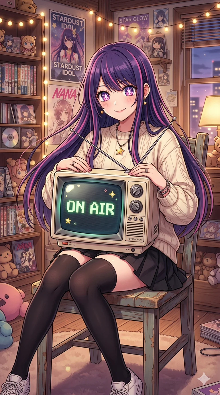 An illustration of a female idol character in anime style. She has long, dark violet hair with pink stripes, 6-edged star pupils, and is wearing a cute casual outfit while sitting on a wooden chair with a retro-style TV on her lap. The TV screen is on and displays the text 'ON AIR' in a classic 8-bit font. 4k, ultra detail, master piece, 9:16 ratio 4k, ultra detail, master piece, 9:16 ratio