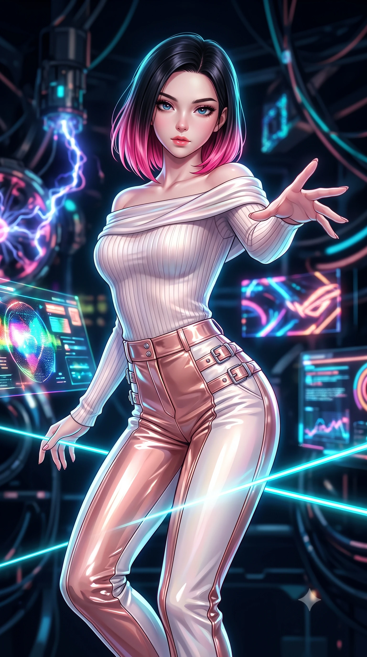 score_9, masterpiece, best quality, ultra-detailed, high-budget anime keyframe, editorial fashion photography, tasteful artistic composition, Korean woman. close-up cowboy shot from the waist and thighs up, the character dominates the composition, filling the frame with her large presence, background elements kept in soft focus. Reaching her hand gracefully toward the camera with magnetic allure, her torso turning in a dynamic S-curve alignment while balancing dynamically on a high-tension cyan laser wire in a dark cybernetic arena, glowing plasma arcs pulsating rhythmically in the background atmosphere. She has an exceptionally elegant, slender, and willowy female figure with an ultra-slim waist, a gracefully sculpted slender torso, and a refined silhouette. sharp v-shaped jawline, high-bridge nose, intricate jewel-like eyes with depth, thick eyelashes, glossy lips with a natural sheen, flawlessly proportioned anatomical accuracy, natural body alignment, perfectly sculpted elegant limbs, clean dynamic posture without body distortion. wearing a sleek off-shoulder ribbed knit top paired with high-waist tailored pants in pearl white and rose gold, tailored from high-gloss patent leather, detailed with polished silver buckles along the waistline, the elegant draped fit framing her graceful clavicle and slender torso. illuminated by radiant holographic displays and intense laser beam highlights. highly saturated vibrant anime colors, detailed shading with soft gradients, rich glossy textures, high-contrast stereoscopic depth, volumetric dynamic lighting, master piece, 9:16 ratio