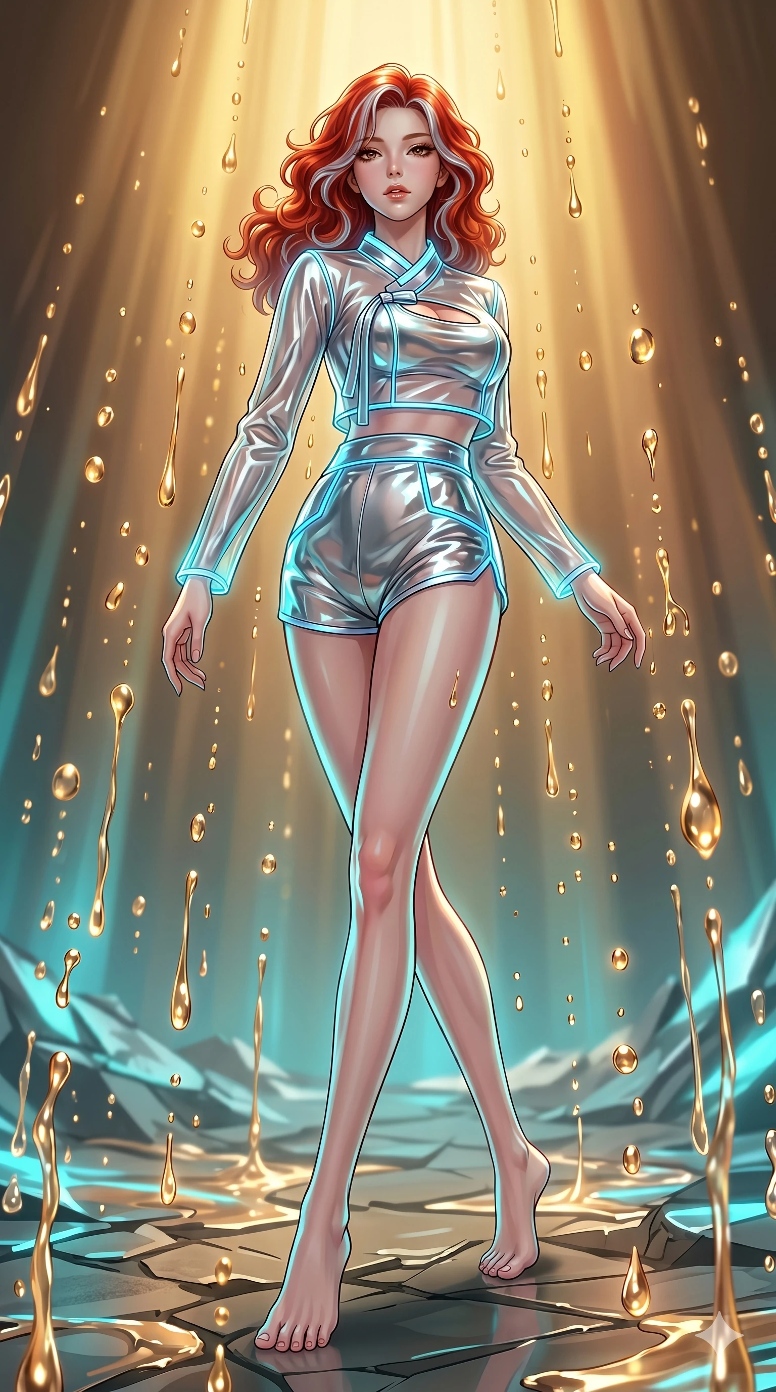 score_9, masterpiece, best quality, ultra-detailed, high-budget anime keyframe, Japanese woman. low angle full-body shot filling the entire 9:16 frame with her statuesque presence, stretching the vertical silhouette. dodging ethereal liquid gold rain that rises upward from the ground in warm shimmering droplets under an inverted gravity field. She has an absolutely perfect 8-heads proportion, an exceptionally tall and slender female figure with impossibly long slender legs and an ultra-slim waist. V-shaped jawline, high-bridge nose, intricate jewel-like eyes with depth, thick eyelashes, glossy lips with a natural sheen.. wearing a vinyl liquid mercury fusion hanbok, featuring a translucent chrome-silver vinyl jeogori and high-waist micro-shorts, detailed with glowing neon wire trims and a tasteful chest slit. showcasing a beautiful play of light and shadow, with warm golden rays clashing against cool cyan highlights. 2k, ultra detail, master piece, 9:16 ratio