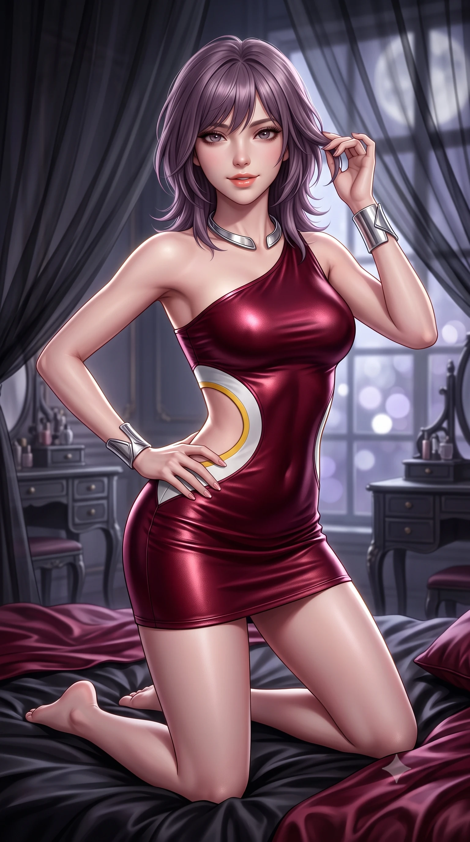 score_9, masterpiece, best quality, ultra-detailed, high-budget anime keyframe, semi-realistic 3D game render, editorial fashion photography, tasteful artistic composition, Japanese woman. close-up cowboy shot from the waist and thighs up, the character dominates the composition, filling the frame with her large presence. twisting her slender torso in an alluring contrapposto stance, one hand resting on her sculpted hip while her fingers toy with her hair with effortless poise while kneeling gracefully on the lavish black-and-burgundy silk bedding, arching her lower back with breathless bedroom-allure. The background shows a soft-focus floating sheer black organza canopy curtains, antique gothic vanities, and moonlight blurred into charcoal, lavender, and silver bokeh. She has an exceptionally elegant, slender, and willowy female figure with an ultra-slim waist, flat toned midriff, narrow ribcage, and sculpted feminine hips creating an alluring, slim hourglass silhouette without bulk. sharp v-shaped jawline, high-bridge nose, sparkling eyes with hypnotic seductive depth, thick curled eyelashes, glossy parted lips with a natural dewy peach sheen, alluring bedroom-eyes with an enchanting coquettish smile, exuding magnetic siren charisma and sophisticated glamour, flawlessly proportioned anatomical accuracy, strict slender model proportions, natural body alignment, perfectly sculpted long slender limbs, ultra-slim waistline, clean dynamic posture without body distortion. wearing an asymmetric one-shoulder metallic bordeaux mini dress with a dramatic side cutout hugging her waist and hips in Bauhaus optic white and concrete grey with primary yellow accents, crafted from smooth liquid-tight stretch jersey emphasizing every curve of her body, finished with a sculptural silver torque collar and a matching wide architectural wrist cuff, the glove-like clinging cut tightly following the natural contour of her hips and long slender legs with youthful 8.5-heads elegance. illuminated by silk bedding reflection fill and sharp platinum-gold rim lights defining her collarbones, narrow waist, and curvy hips. highly saturated vibrant anime colors, detailed shading with soft gradients, rich glossy textures, high-contrast stereoscopic depth, volumetric dynamic lighting, master piece, 9:16 ratio