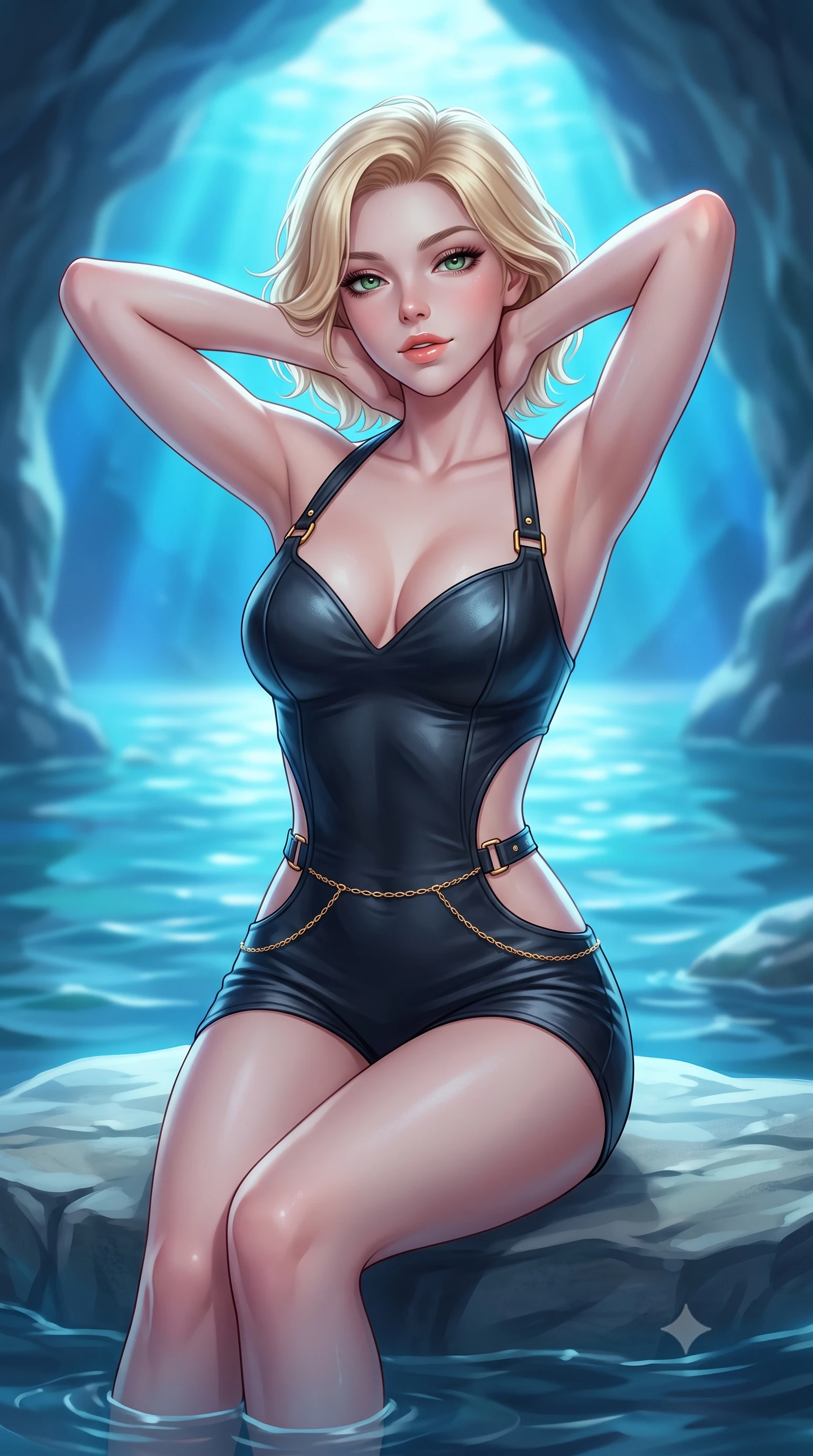 score_9, masterpiece, best quality, ultra-detailed, high-budget anime keyframe, semi-realistic 3D game render, editorial fashion photography, tasteful artistic composition, Caucasian woman. close-up cowboy shot from the waist and thighs up, the character dominates the composition, filling the frame with her large presence. resting both hands lightly behind her neck with elbows raised, arching her spine to highlight her narrow waist, flat midriff, and breathtaking collarbones while sitting on the submerged limestone rock ledge inside the luminous sea cave, arching her back with breathtaking sea-nymph siren grace. The background shows a soft-focus grotto entrance ripples softened in mysterious maritime subterranean shallow focus. She has an exceptionally elegant, slender, and willowy female figure with an ultra-slim waist, flat toned midriff, narrow ribcage, and sculpted feminine hips creating an alluring, slim hourglass silhouette without bulk. sharp v-shaped jawline, high-bridge nose, sparkling eyes with hypnotic seductive depth, thick curled eyelashes, glossy parted lips with a natural dewy peach sheen, alluring bedroom-eyes with an enchanting coquettish smile, exuding magnetic siren charisma and sophisticated glamour, flawlessly proportioned anatomical accuracy, strict slender model proportions, natural body alignment, perfectly sculpted long slender limbs, ultra-slim waistline, clean dynamic posture without body distortion. wearing a deep sweetheart-neckline buckskin bodycon romper with side-hip cutouts accentuating her hourglass curves in high-contrast coastal monochrome with gold hardware, woven from buttery-soft stretch lambskin leather adhering to her body like a second skin, accented with a dainty gold belly chain resting across her flat midriff and curving hips, the glove-like clinging cut tightly following the natural contour of her hips and long slender legs with youthful 8.5-heads elegance. bathed in ethereal glowing cobalt-and-cyan light radiating upward through the submerged cave opening. highly saturated vibrant anime colors, detailed shading with soft gradients, rich glossy textures, high-contrast stereoscopic depth, volumetric dynamic lighting, master piece, 9:16 ratio