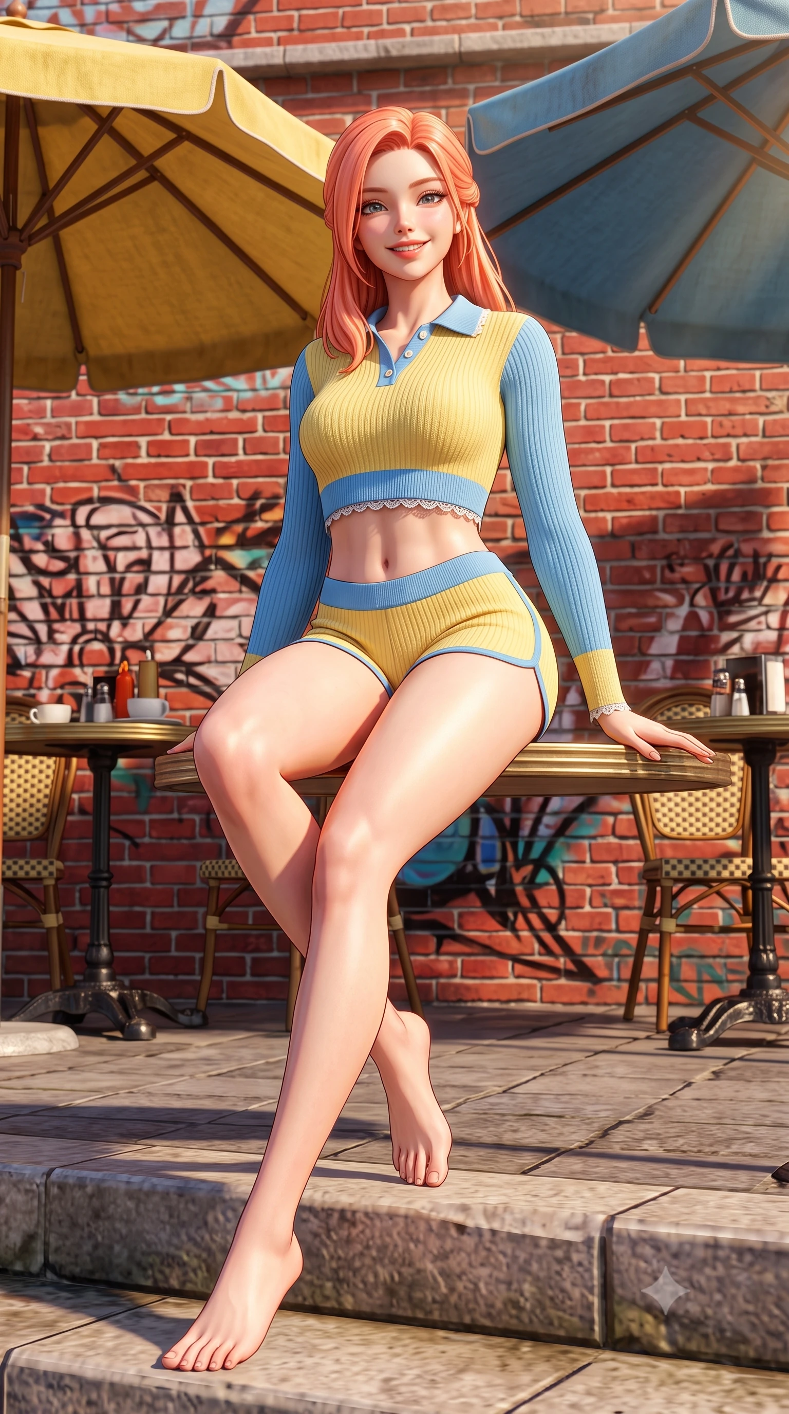 score_9, masterpiece, best quality, ultra-detailed, high-budget anime keyframe, semi-realistic 3D game render, editorial fashion photography, tasteful artistic composition, Japanese woman. low angle full-body shot from head to toe showing her feet, filling the entire 9:16 vertical frame with her statuesque presence, stretching her vertical silhouette. sitting perched on the elevated edge with legs crossed and hips angled toward the camera, displaying her toned midriff and long slender limbs with a joyful, coquettish smile while standing poised between vintage cafe umbrellas, twisting her slender torso in an alluring contrapposto stance in the filtered morning sunbeams. The surrounding environment is rendered in vivid detail and crisp panoramic clarity. sharp red-brick wall textures, street art aerosol paint layers, and small bistro table details in deep focus. She has an exceptionally tall and slender model-like 8.5-heads proportion, an ultra-slim waist, a flat toned midriff, narrow delicate ribcage, and beautifully sculpted feminine hips creating a graceful, slim hourglass silhouette without any bulky heaviness, with impossibly long slender legs. sharp v-shaped jawline, high-bridge nose, intricate jewel-like sparkling eyes with depth, thick eyelashes, glossy parted lips with a natural peach sheen, bright cheerful beaming smile with an enchanting and coquettish sensual glint, exuding both youthful cute charm and seductive allure, flawlessly proportioned anatomical accuracy, strict slender model proportions, natural body alignment, perfectly sculpted long slender limbs, ultra-slim waistline, clean dynamic posture without body distortion. wearing a cropped knitted polo sweater paired with high-cut tailored tennis shorts hugging her rounded hips in sunny daffodil yellow and clear sky blue, formed from supple second-skin stretch ribbed knit clinging to her form, finished with delicate lace scallop edging along the neckline, the glove-like silhouette tightly following the natural contour of her hips and long slender legs with youthful 8.5-heads elegance. illuminated by warm street bounce light sharply defining her sculpted collarbones, ultra-slim waist, and curvy hips. highly saturated vibrant anime colors, detailed shading with soft gradients, rich glossy textures, high-contrast stereoscopic depth, volumetric dynamic lighting, master piece, 9:16 ratio
