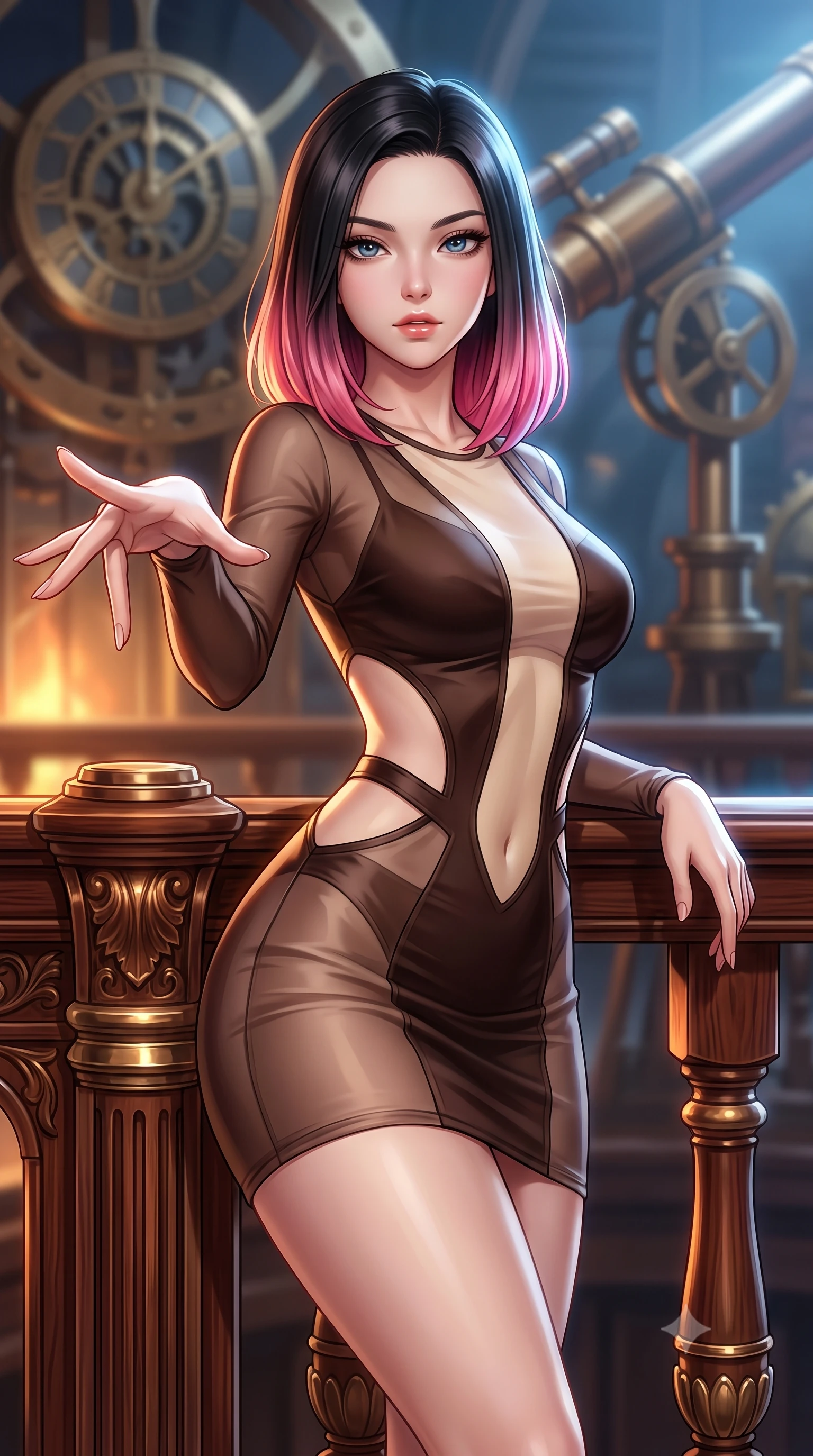 score_9, masterpiece, best quality, ultra-detailed, high-budget anime keyframe, editorial fashion photography, tasteful artistic composition, Korean woman. close-up cowboy shot from the waist and thighs up, the character dominates the composition, filling the frame with her large presence, background elements kept in soft focus. Reaching one hand gracefully toward the viewer with effortless superiority and allure leaning against a vintage mahogany balustrade inside a mechanical observatory, rich mahogany and polished bronze textures reflecting warm hearth light. She has an exceptionally elegant, slender, and willowy female figure with an ultra-slim waist, a gracefully sculpted slender torso, and a refined silhouette. sharp v-shaped jawline, high-bridge nose, intricate jewel-like eyes with depth, thick eyelashes, glossy lips with a natural sheen. wearing a semi-opaque sheer overlay dress over a leather micro-bodysuit in espresso brown and warm cream, crafted from smooth liquid silk, featuring clean architectural cutouts along her slender torso, the tailored fabric tightly following every curve of her athletic build. surrounded by warm hearth light and dramatic bronze rim highlights. highly saturated vibrant anime colors, detailed shading with soft gradients, rich glossy textures, high-contrast stereoscopic depth, volumetric dynamic lighting, master piece, 9:16 ratio
