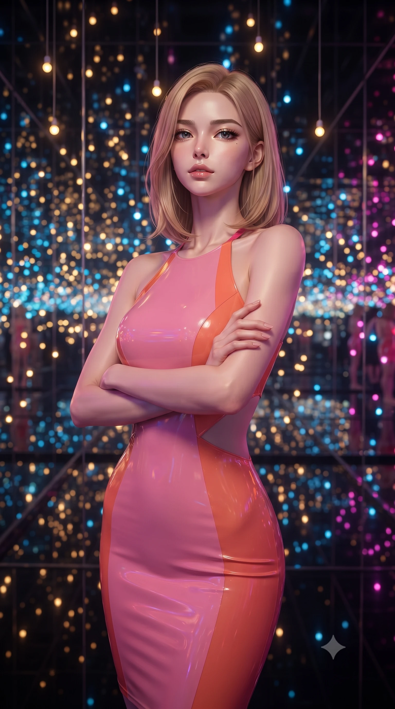 score_9, masterpiece, best quality, ultra-detailed, high-budget anime keyframe, editorial fashion photography, tasteful artistic composition, Korean woman. close-up cowboy shot from the waist and thighs up, the character dominates the composition, filling the frame with her large presence, background elements kept in soft focus. Crossing her arms with serene confidence and chin slightly raised. set against a soft-focus background of inside an art installation of floor-to-ceiling mirrors on all six surfaces with thousands of LED points suspended at different depths creating the illusion of floating in an infinite field of colored stars. She has an exceptionally elegant and slender, willowy female figure with an ultra-slim waist, a gracefully sculpted slender torso, and a refined slim physique. sharp v-shaped jawline, high-bridge nose, intricate jewel-like eyes with depth, thick eyelashes, glossy lips with a natural sheen. wearing a latex-effect bodycon dress in a pink and orange color-block, featuring side torso cutouts and a halter neckline. thousands of LED points in warm gold cool blue and magenta creating a dense starfield of colored light reflected infinitely in all directions enveloping everything in immersive light. 2k, ultra detail, master piece, 9:16 ratio
