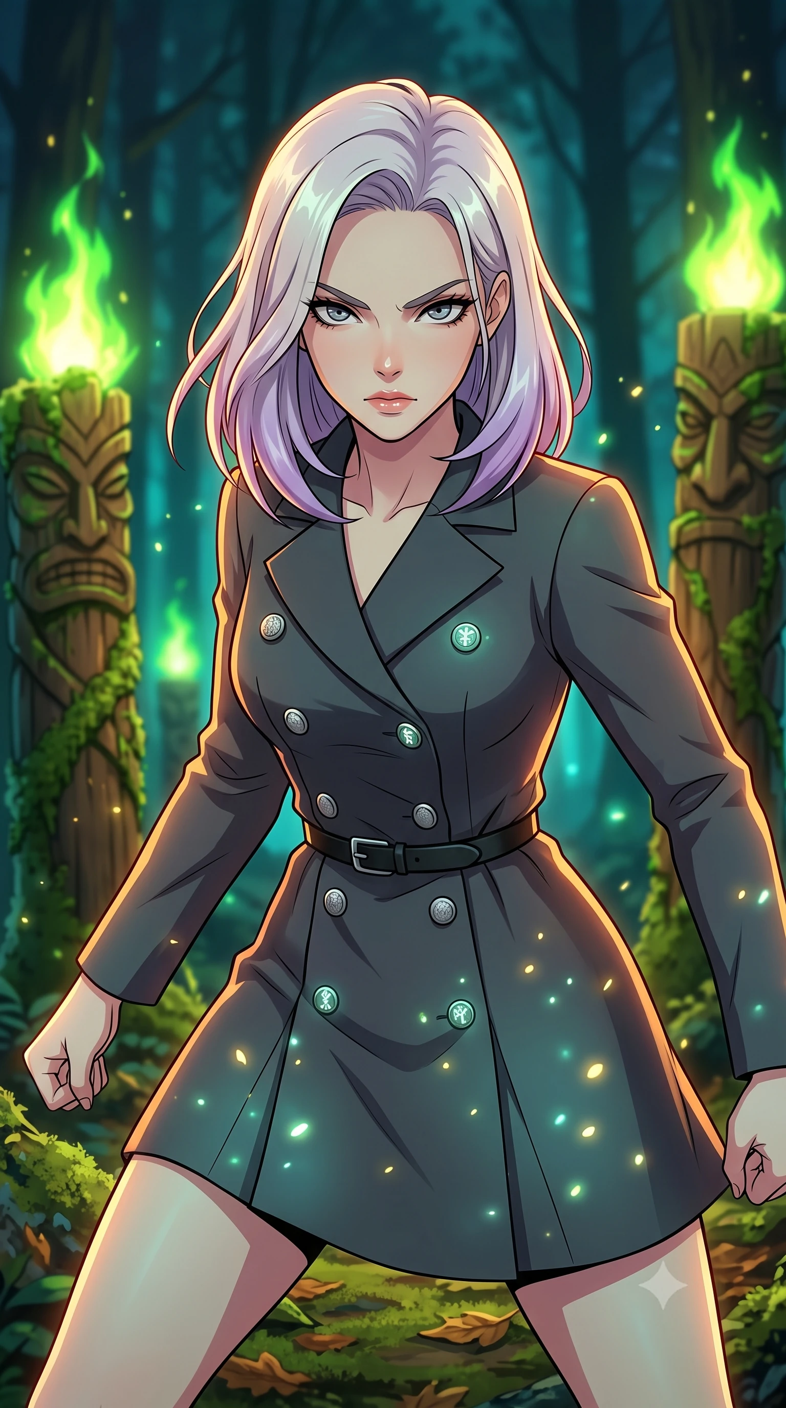 score_9, masterpiece, best quality, ultra-detailed, high-budget anime keyframe, clean line-art, cel-shading, Caucasian woman, strictly human ears. close-up cowboy shot from the waist and thighs up, the character dominates the composition, filling the frame with her large presence, background elements kept in soft focus. Standing in a low, ready combat stance, eyes narrowed in sharp concentration. set against a soft-focus background of a dense forest at night, where ancient wooden totems are glowing with green magical flame, moss creeping up the carvings. She has an exceptionally elegant and slender, willowy female figure with an ultra-slim waist, a gracefully sculpted slender torso, and a refined slim physique. sharp v-shaped jawline, high-bridge nose, intricate jewel-like eyes with depth, thick eyelashes, glossy lips with a natural sheen. wearing catching and diffusing the glowing particles, shimmering softly in response to the surrounding light, a tailored double-breasted charcoal coat dress with silver buttons, styled with a slim black leather belt. warm amber rim lighting combined with cool teal fill light creating dramatic contrast. highly saturated vibrant anime colors, intense vivid color palette, volumetric dynamic lighting, 2k, ultra detail, master piece, 9:16 ratio