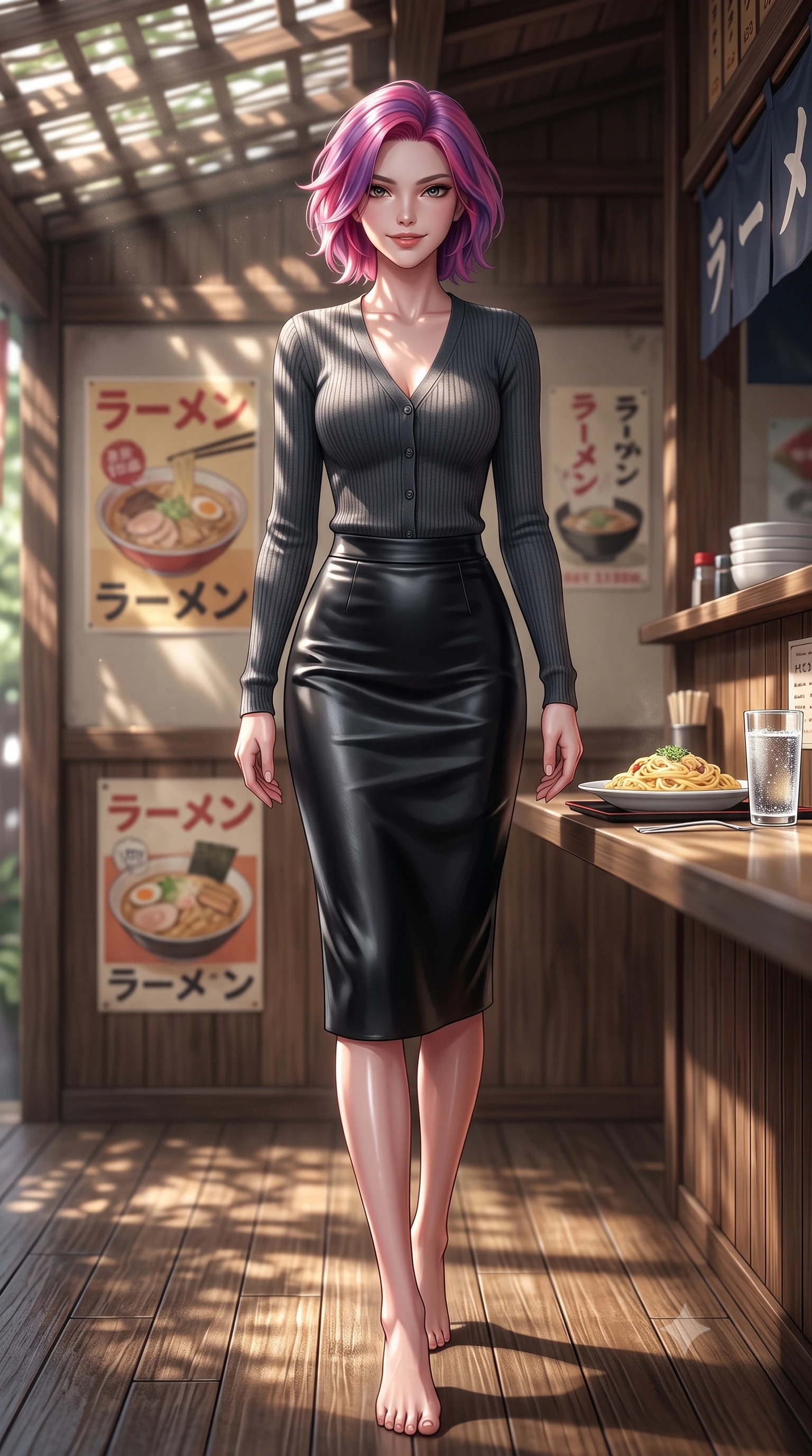 score_9, masterpiece, best quality, ultra-detailed, high-budget anime keyframe, editorial fashion photography, tasteful artistic composition, Caucasian woman. low angle full-body shot from head to toe showing her feet, filling the entire 9:16 vertical frame with her statuesque presence, stretching her vertical silhouette. stepping forward with an alluring, magnetic smile, her graceful posture highlighting her statuesque silhouette set against a soft-focus background of in a charming wooden-themed ramen shop with retro posters and a counter with a plate of delicious pasta and a glass of sparkling water on the table. She has an absolutely perfect, statuesque 8.5-heads proportion, an exceptionally tall and slender model-like female figure with impossibly long slender legs and an ultra-slim waist. sharp v-shaped jawline, high-bridge nose, intricate jewel-like eyes with depth, thick eyelashes, glossy lips with a natural sheen. wearing body-hugging tight-fitting cashmere cardigan closed, paired with a sleek leather midi skirt. dappled sunlight filtering through the outdoor trellis onto her shoulders. ultra-reflective glossy finish, specular highlights, metallic sheen, high-contrast stereoscopic depth, volumetric dynamic lighting, 2k, ultra detail, master piece, 9:16 ratio