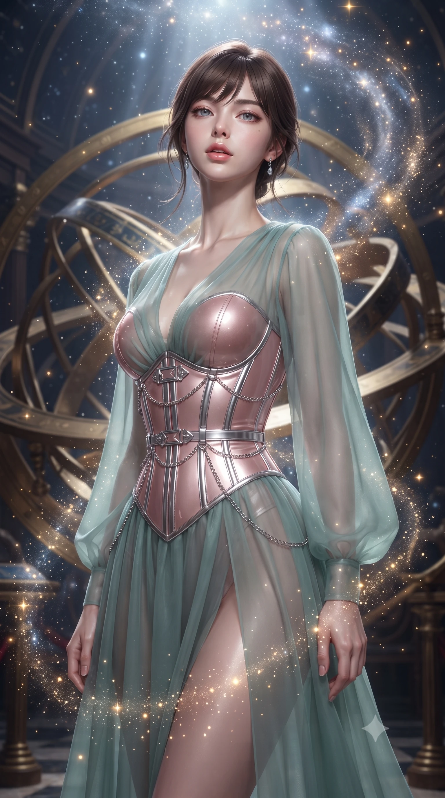 score_9, masterpiece, best quality, ultra-detailed, high-budget anime keyframe, editorial fashion photography, tasteful artistic composition, Korean woman. close-up cowboy shot from the waist and thighs up, the character dominates the composition, filling the frame with her large presence, background elements kept in soft focus. Tilting her chin up slightly with lips parted in a composed, magnetic expression, navigating an armillary sphere hall surrounded by swirling streams of galaxy dust, golden starlight particles falling around her like a radiant shower. She has an exceptionally elegant, slender, and willowy female figure with an ultra-slim waist, a gracefully sculpted slender torso, and a refined silhouette. sharp v-shaped jawline, high-bridge nose, intricate jewel-like eyes with depth, thick eyelashes, glossy lips with a natural sheen. wearing semi-opaque sheer seafoam chiffon gown revealing structured corset silhouette in rose-gold pink, made of high-gloss liquid pearl vinyl, framed by polished silver buckles and delicate chain details, sculpting her athletic slender build with refined precision. surrounded by a glowing aura of starlight and shimmering celestial dust. ultra-reflective glossy finish, specular highlights, metallic sheen, high-contrast stereoscopic depth, volumetric dynamic lighting, 2k, ultra detail, master piece, 9:16 ratio
