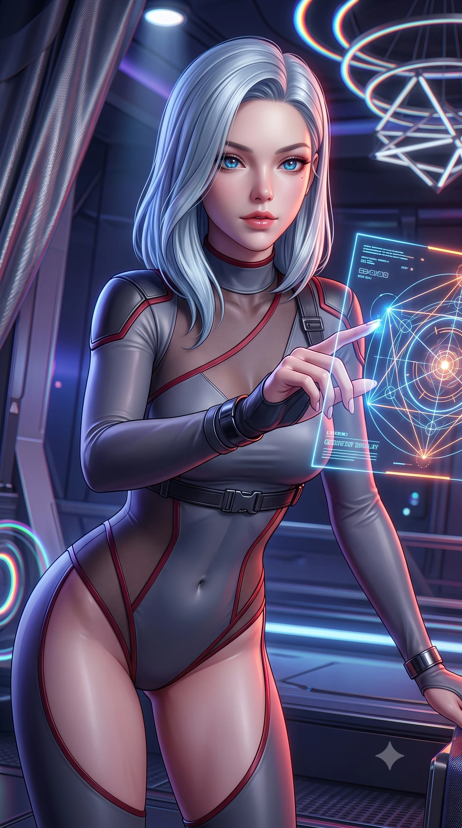 score_9, masterpiece, best quality, ultra-detailed, high-budget anime keyframe, semi-realistic 3D game render, editorial fashion photography, tasteful artistic composition, Korean woman. close-up cowboy shot from the waist and thighs up, the character dominates the composition, filling the frame with her large presence. leaning forward with playful, captivating grace, her sculpted collarbones and slender neckline highlighted by directional light while reaching out one manicured hand to interact with a floating holographic geometry display with an intrigued expression. The surrounding environment is rendered in vivid detail and crisp panoramic clarity. detailed metallic fabric reflections, chromatic aberration rings, and geometric light fixtures in high clarity. She has an exceptionally elegant, slender, and willowy female figure with an ultra-slim waist, a gracefully sculpted slender torso, toned flat midriff, and a refined slim silhouette. sharp v-shaped jawline, high-bridge nose, intricate jewel-like eyes with depth, thick eyelashes, glossy lips with a natural sheen, captivating and magnetic expression, flawlessly proportioned anatomical accuracy, strict slender model proportions, natural body alignment, perfectly sculpted long slender limbs, ultra-slim waistline, clean dynamic posture without body distortion. wearing a sharp asymmetrical spy bodysuit with sheer contouring mesh panels, reinforced strike shoulders, and utility waist harness in storm grey and dark scarlet trim, made of high-mobility liquid jersey and semi-opaque reinforced mesh, accented with concealed lockpick wristbands and polished dark chrome hardware edition #20, the form-contouring material adhering flawlessly to her sculpted flat midriff and slender torso, emphasizing her long leg lines and perfectly proportioned willowy build. bathed in dynamic color-shifting LED ambient illumination and pure white spotlight fill. highly saturated vibrant anime colors, detailed shading with soft gradients, rich glossy textures, high-contrast stereoscopic depth, volumetric dynamic lighting, master piece, 9:16 ratio