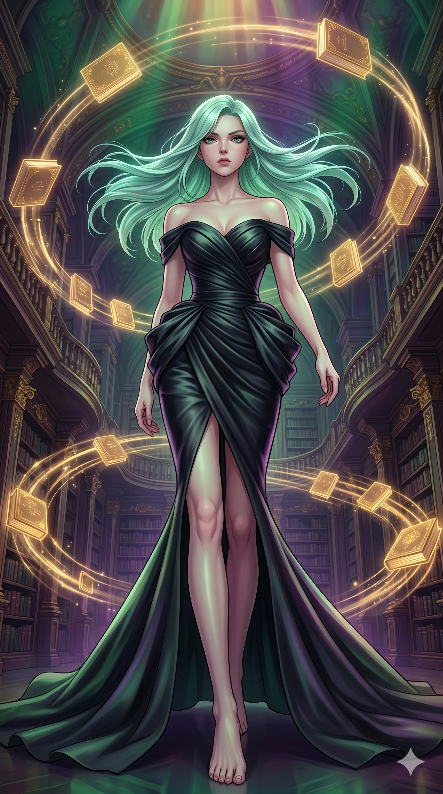 score_9, masterpiece, best quality, ultra-detailed, high-budget anime keyframe, editorial fashion photography, tasteful artistic composition, Korean woman. low angle full-body shot from head to toe showing her feet, filling the entire 9:16 vertical frame with her statuesque presence, stretching her vertical silhouette. Walking in slow-motion with dramatic hair movement behind her amidst a baroque library where glowing golden books orbit in slow spiral patterns. She has an absolutely perfect 8-heads proportion, an exceptionally tall and slender female figure with impossibly long slender legs and an ultra-slim waist. V-shaped jawline, high-bridge nose, intricate jewel-like eyes with depth, thick eyelashes, glossy lips with a natural sheen. wearing an off-shoulder fitted mermaid gown in black pearl satin with sculptural ruched bodice, dramatic hip emphasis, and a fluted fishtail hem with a daring high front slit. illuminated by a shifting aurora palette of green, violet, and gold from above, wrapping her in color. 2k, ultra detail, master piece, 9:16 ratio
