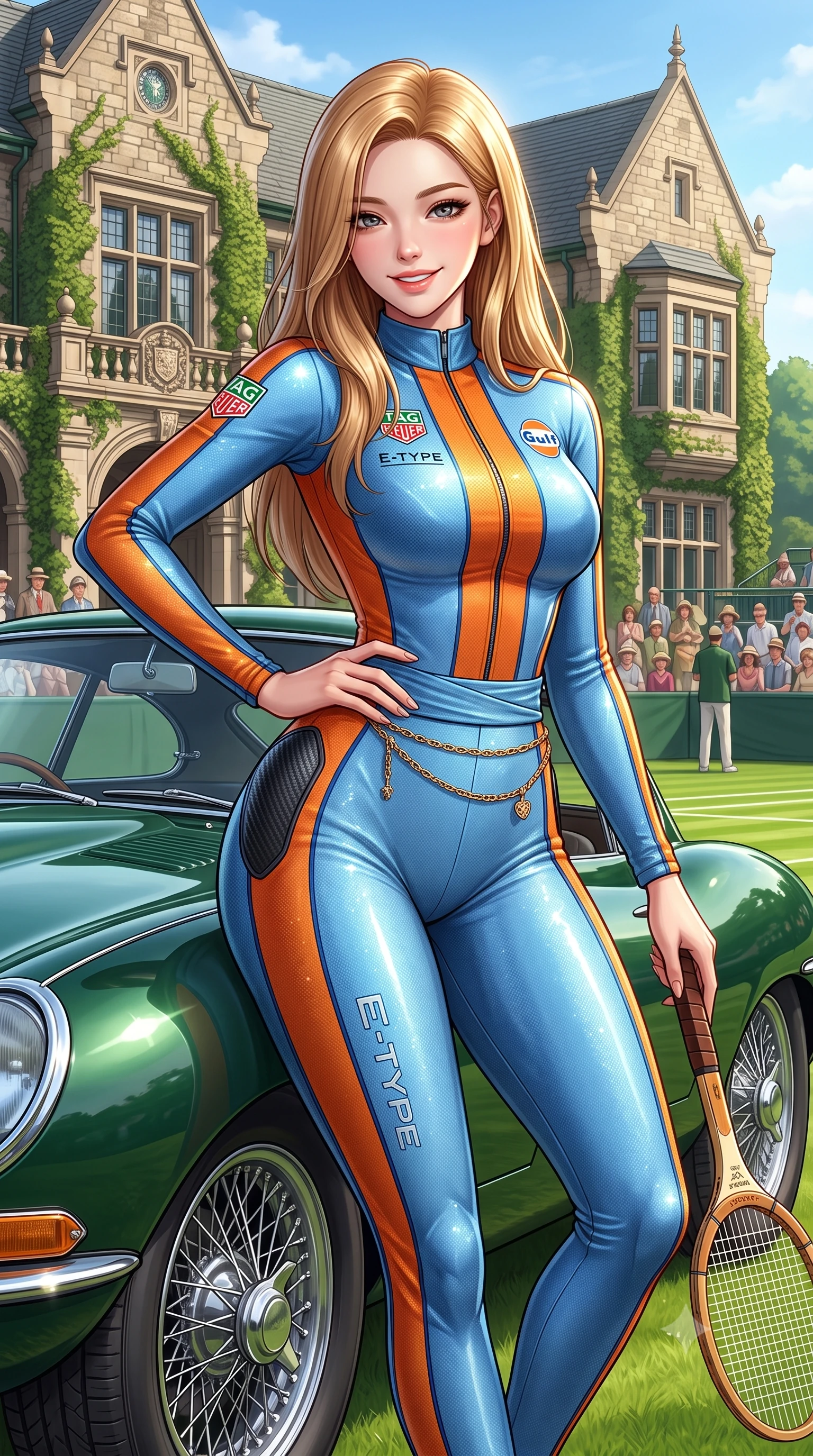 score_9, masterpiece, best quality, ultra-detailed, high-budget anime keyframe, semi-realistic 3D game render, editorial fashion photography, tasteful artistic composition, Korean woman. close-up cowboy shot from the waist and thighs up, the character dominates the composition, filling the frame with her large presence. twisting her slender torso in an alluring contrapposto stance, one hand resting on her sculpted hip while holding a tennis racket with effortless poise while leaning against the bonnet of a vintage British Racing Green Jaguar E-Type parked beside the clubhouse with hips cocked back, casting an alluring smile. The surrounding environment is rendered in vivid detail and crisp panoramic clarity: detailed white cable-knit texture, sunburst highlights on hair, and Wimbledon heritage architecture in razor-sharp precision. She has an exceptionally elegant, slender, and willowy female figure with an ultra-slim waist, flat toned midriff, narrow ribcage, and sculpted feminine hips creating an alluring, slim hourglass silhouette without bulk. sharp v-shaped jawline, high-bridge nose, sparkling eyes with athletic focus and depth, thick curled eyelashes, glossy parted lips with a natural coral-peach sheen, bright confident and coquettish smile with alluring bedroom-eyes, exuding both youthful sporty vigor and sovereign high-society glamour, flawlessly proportioned anatomical accuracy, strict slender model proportions, natural body alignment, perfectly sculpted long slender limbs, ultra-slim waistline, clean dynamic posture without body distortion. wearing a second-skin compression stretch racing catsuit with racing team sponsor graphics and sculpted carbon hip guards in vintage Porsche Gulf blue and vibrant race orange, woven from metallic lurex and technical nylon with subtle starlight glints, accented with a delicate gold chain belt resting loosely on her curvy hips, the high-waisted wrap tailoring accentuating her ultra-slim waistline and the enchanting curve of her feminine hips with alluring sporty charm. illuminated by emerald grass bounce fill and crisp white-gold rim lighting defining her sculpted collarbones, ultra-slim waist, and curvy hips. highly saturated vibrant anime colors, detailed shading with soft gradients, rich glossy textures, high-contrast stereoscopic depth, volumetric dynamic lighting, master piece, 9:16 ratio