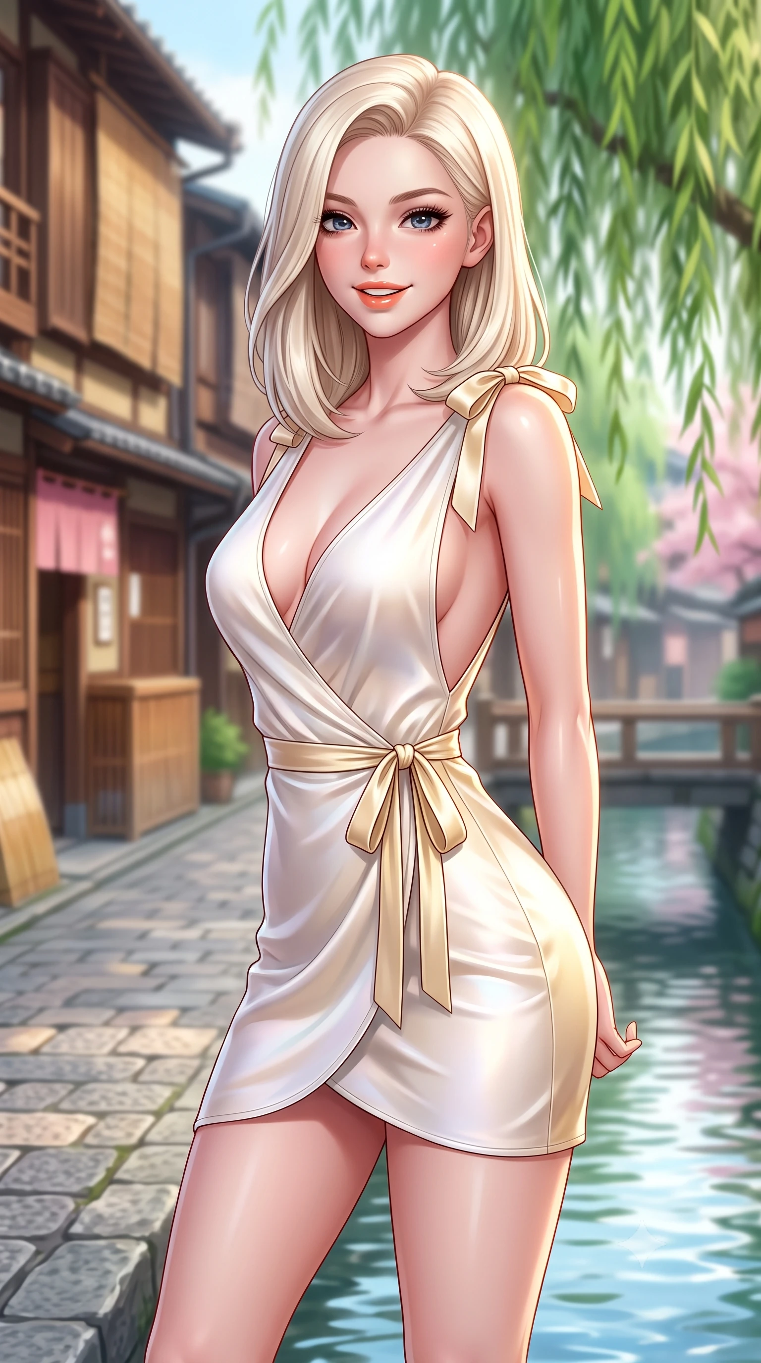 score_9, masterpiece, best quality, ultra-detailed, high-budget anime keyframe, semi-realistic 3D game render, editorial fashion photography, tasteful artistic composition, Caucasian woman. close-up cowboy shot from the waist and thighs up, the character dominates the composition, filling the frame with her large presence. resting both hands lightly behind her back while leaning toward the lens with a cheerful, teasing grin, her form-fitting outfit hugging her narrow waist and feminine hip curve while standing poised on the cobblestone canal path beside historic wooden machiya teahouses, twisting her slender torso in an alluring contrapposto stance. The composition keeps background elements in soft focus with dreamy creamy bokeh. swaying emerald weeping willow branches and historic wooden teahouse facades blurred into soft jade, amber, and cherry blossom bokeh. She has an exceptionally elegant, slender, and willowy female figure with an ultra-slim waist, flat toned midriff, narrow ribcage, and sculpted feminine hips creating an alluring, slim hourglass silhouette without bulk. sharp v-shaped jawline, high-bridge nose, intricate jewel-like sparkling eyes with depth, thick eyelashes, glossy parted lips with a natural peach sheen, bright cheerful beaming smile with an enchanting and coquettish sensual glint, exuding both youthful cute charm and seductive allure, flawlessly proportioned anatomical accuracy, strict slender model proportions, natural body alignment, perfectly sculpted long slender limbs, ultra-slim waistline, clean dynamic posture without body distortion. wearing a breezy wrap mini dress with a deep V-neckline and tie-waist accentuating her sculpted flat midriff and hips in pure alabaster white and sun-kissed gold, made of smooth fluid silk satin with a delicate pearlescent sheen, finished with cute satin bow ribbons tying at the shoulders, the precision-cut side openings and low-back scoop framing her graceful spine and the sensual sweep of her slim, toned hips. illuminated by crystal water specular reflections accentuating her sculpted midriff, narrow waist, and curvy hips. highly saturated vibrant anime colors, detailed shading with soft gradients, rich glossy textures, high-contrast stereoscopic depth, volumetric dynamic lighting, master piece, 9:16 ratio