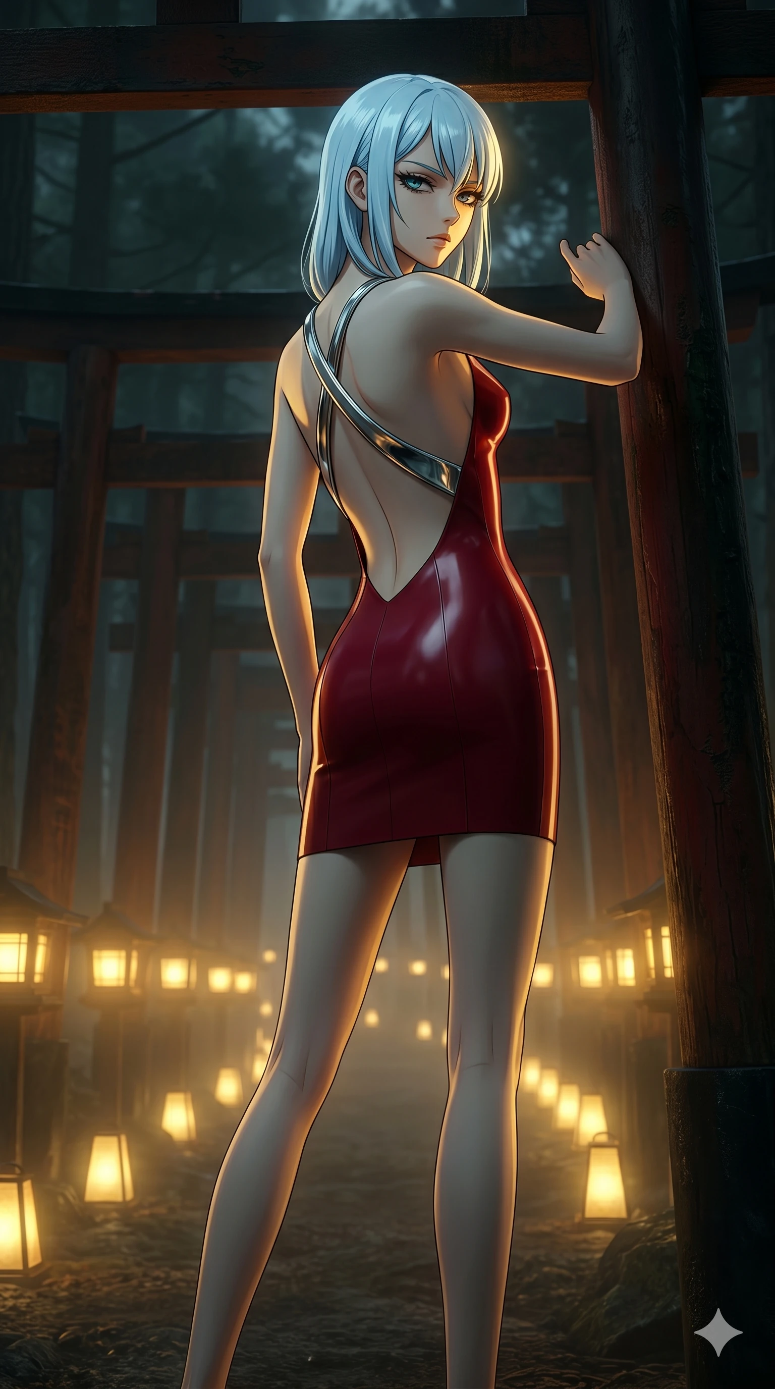 score_9, masterpiece, best quality, ultra-detailed, high-budget anime keyframe, editorial fashion photography, tasteful artistic composition, Korean woman. cowboy shot from the thighs up, character and outfit filling the frame for maximum editorial presence. Casting a slow, direct gaze beneath heavy lashes with quiet intensity amidst a Japanese torii gate forest with golden fog-lit lanterns. She has an absolutely perfect 8-heads proportion, an exceptionally tall and slender female figure with impossibly long slender legs and an ultra-slim waist. V-shaped jawline, high-bridge nose, intricate jewel-like eyes with depth, thick eyelashes, glossy lips with a natural sheen. wearing a structured deep-cherry-red fashion-latex fitted dress with a clean architectural front and a dramatic open-back design with a single criss-cross strap in chrome across the bare back. lit by dramatic chiaroscuro with a single golden key light carving her facial contours and figure. 2k, ultra detail, master piece, 9:16 ratio
